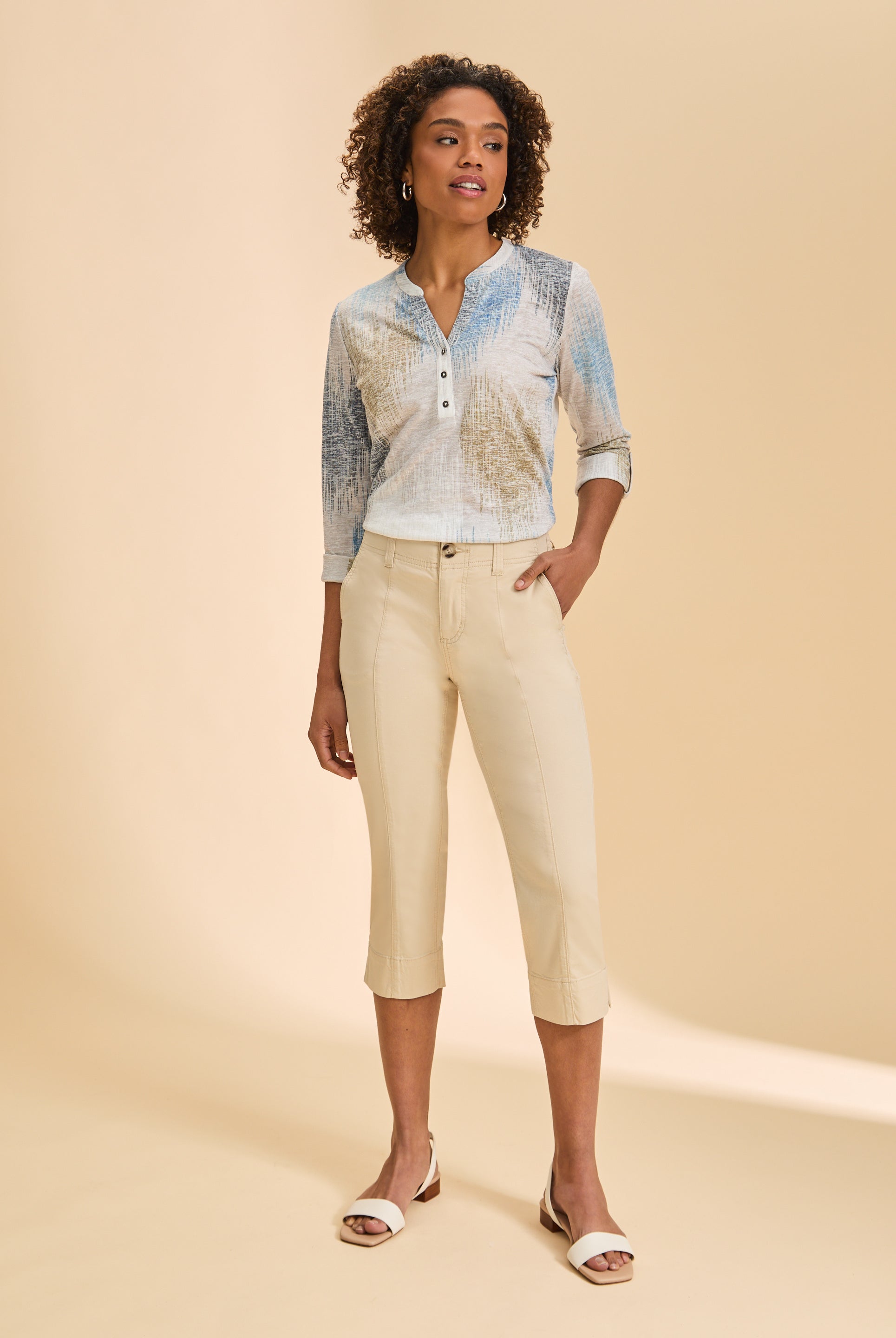 Front view of cream crop pants with high-rise waist and tailored fit by French Dressing Jeans (FDJ)
