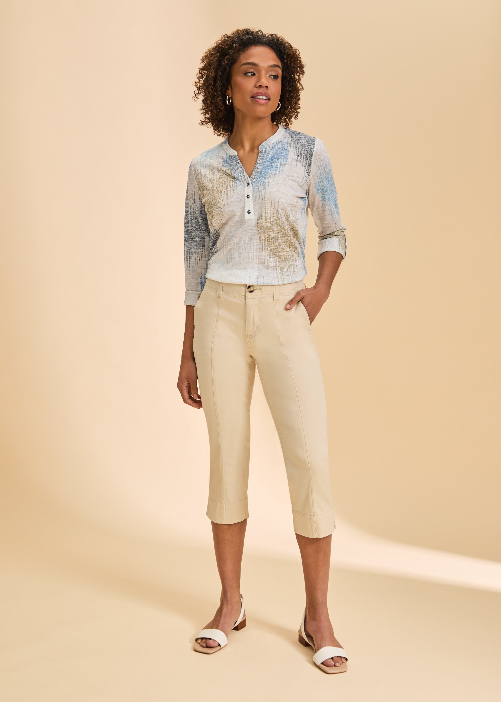 Front view of cream crop pants with high-rise waist and tailored fit by French Dressing Jeans (FDJ)