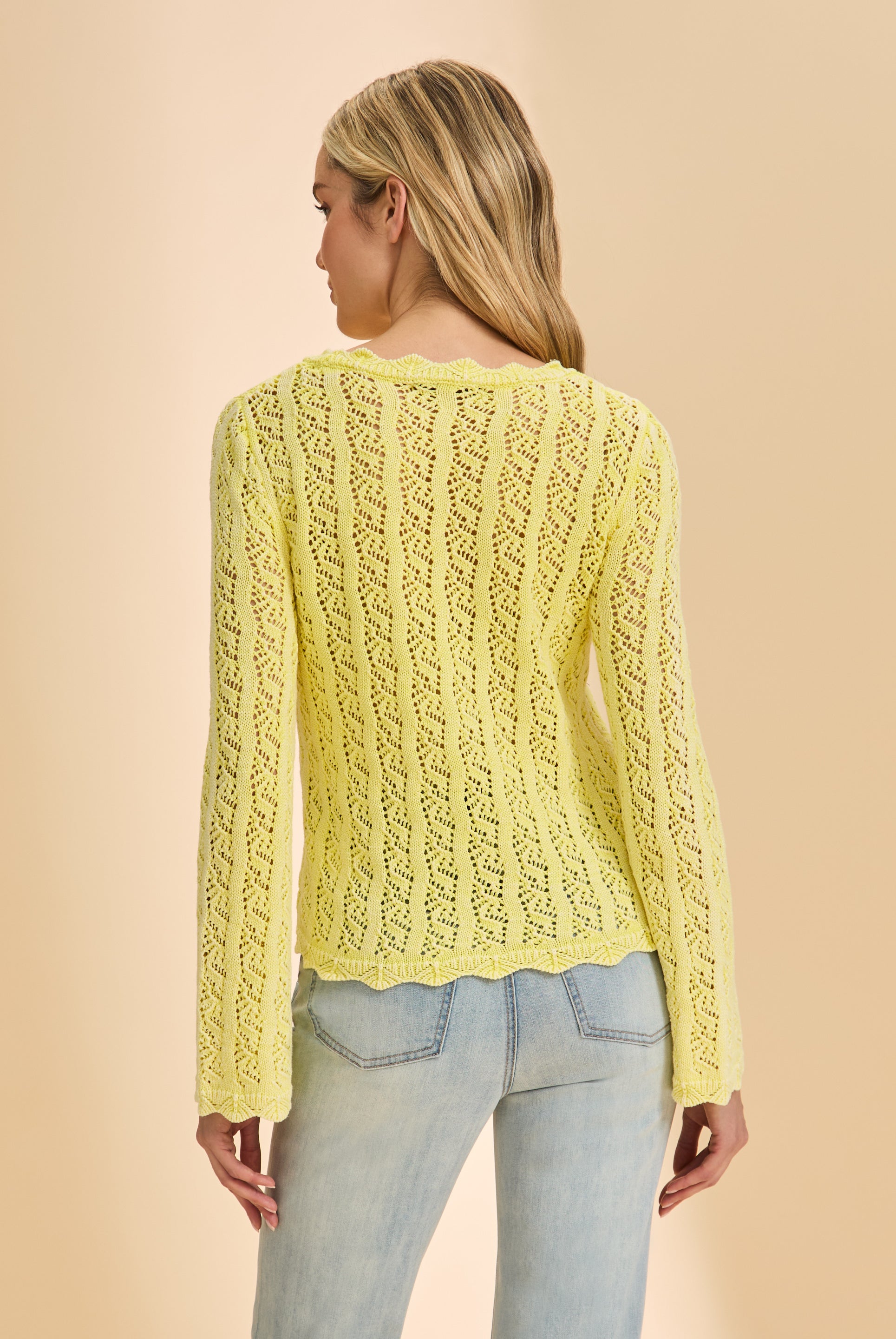 Back view of yellow lace sweater showcasing intricate lace by French Dressing Jeans (FDJ)