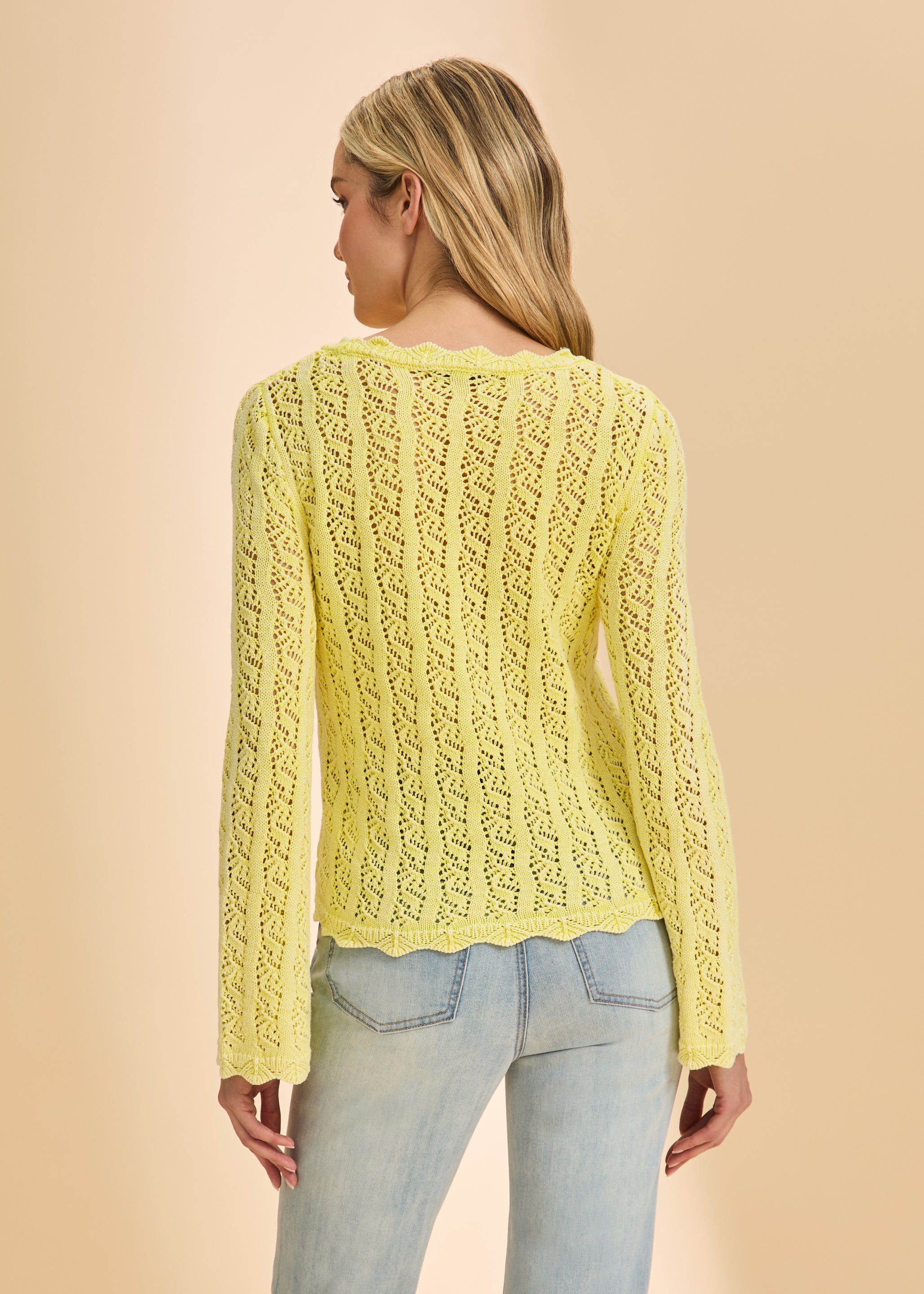 Back view of yellow lace sweater showcasing intricate lace by French Dressing Jeans (FDJ)