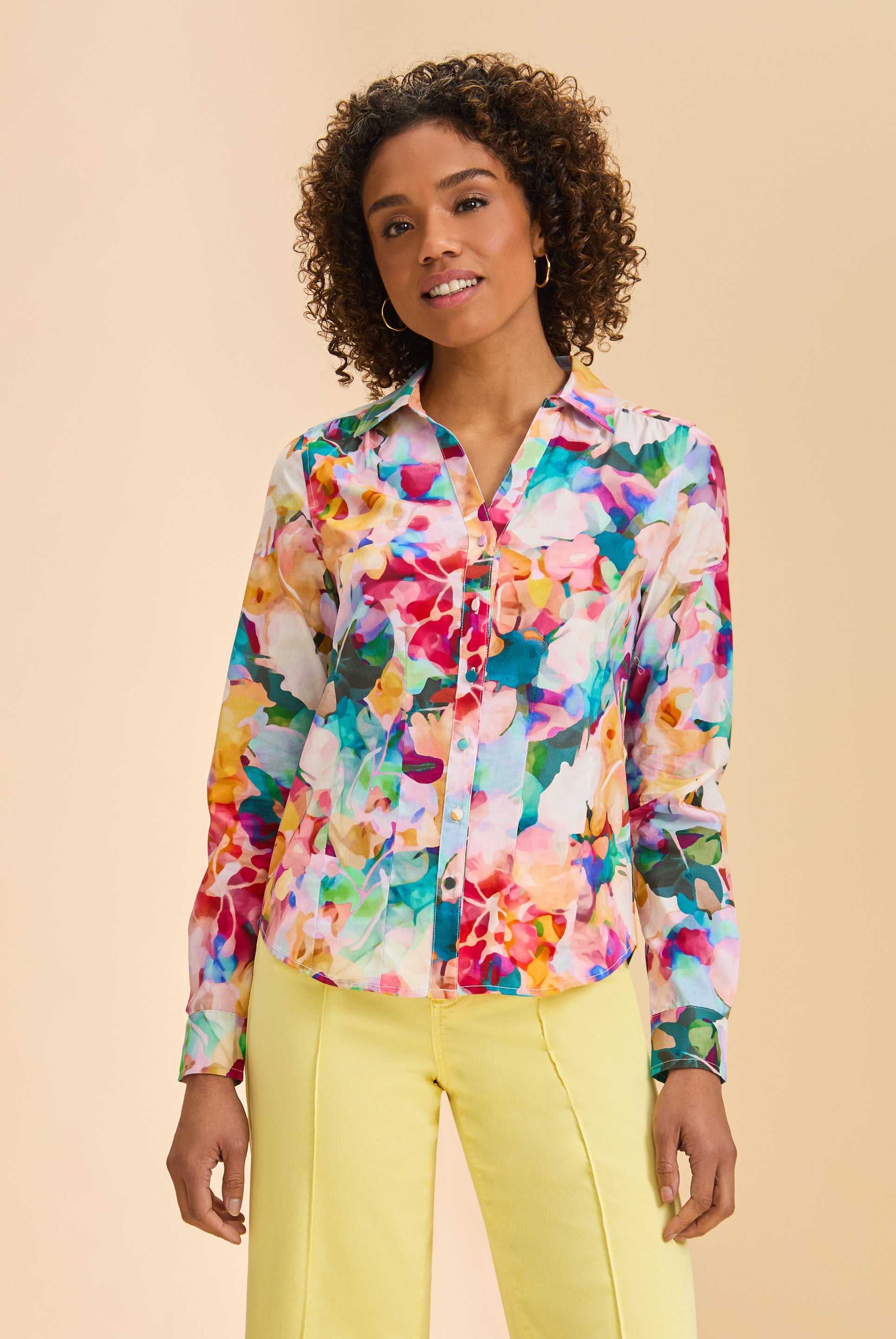 Front view of vibrant floral split neck shirt with button front by French Dressing Jeans (FDJ)