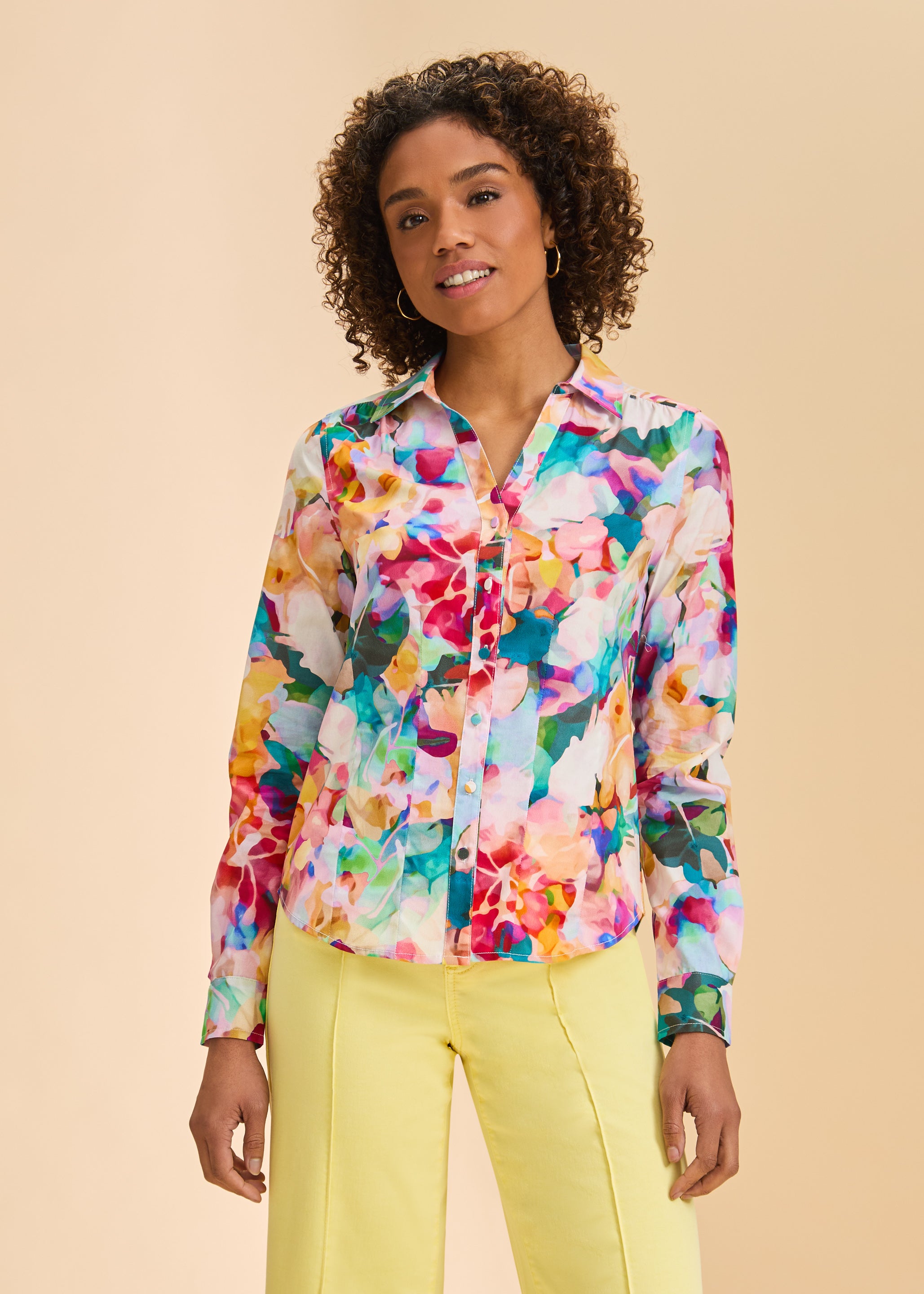 Front view of vibrant floral split neck shirt with button front by French Dressing Jeans (FDJ)