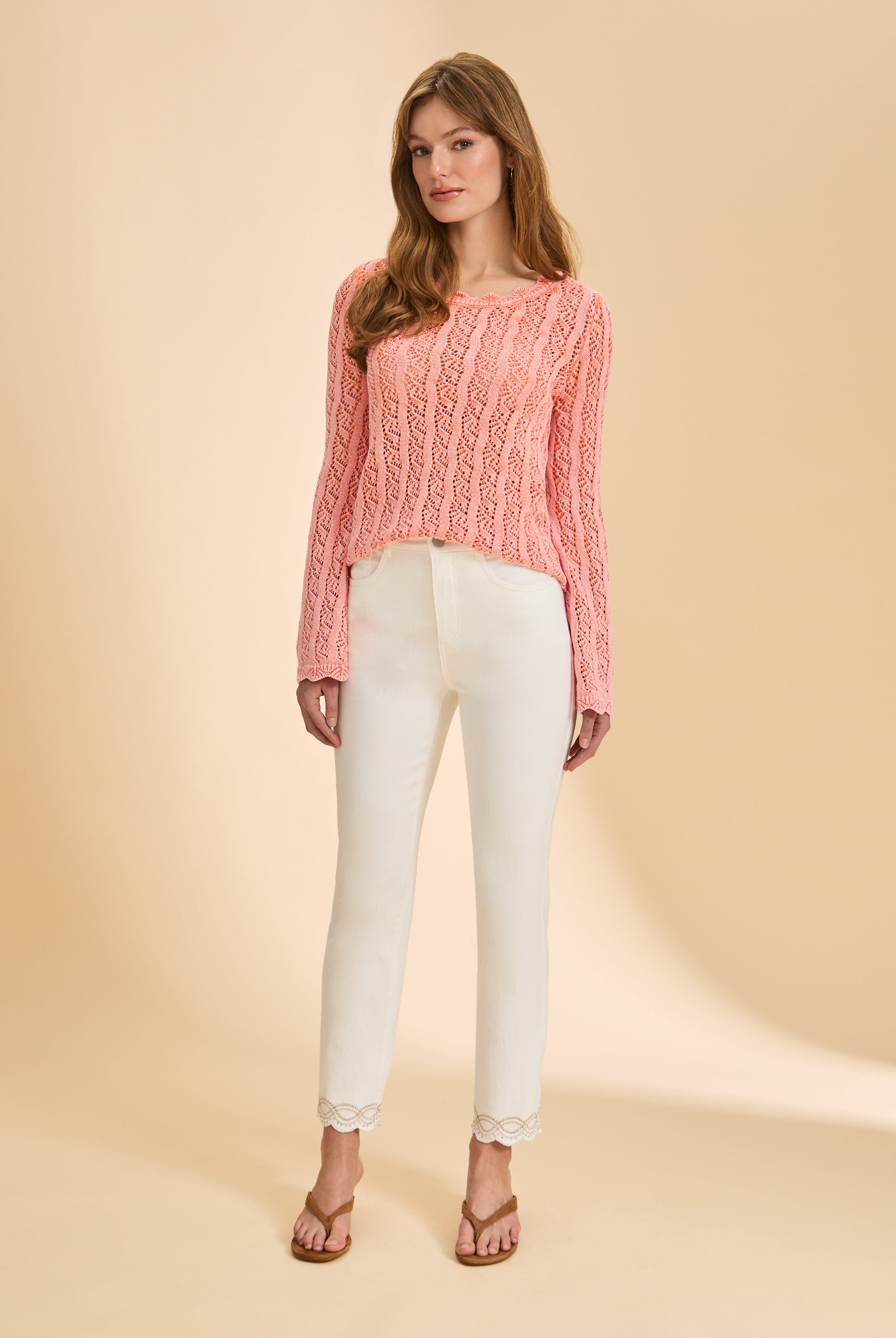 Front view of ivory Suzanne straight ankle denim with lace hem detail by French Dressing Jeans (FDJ)
