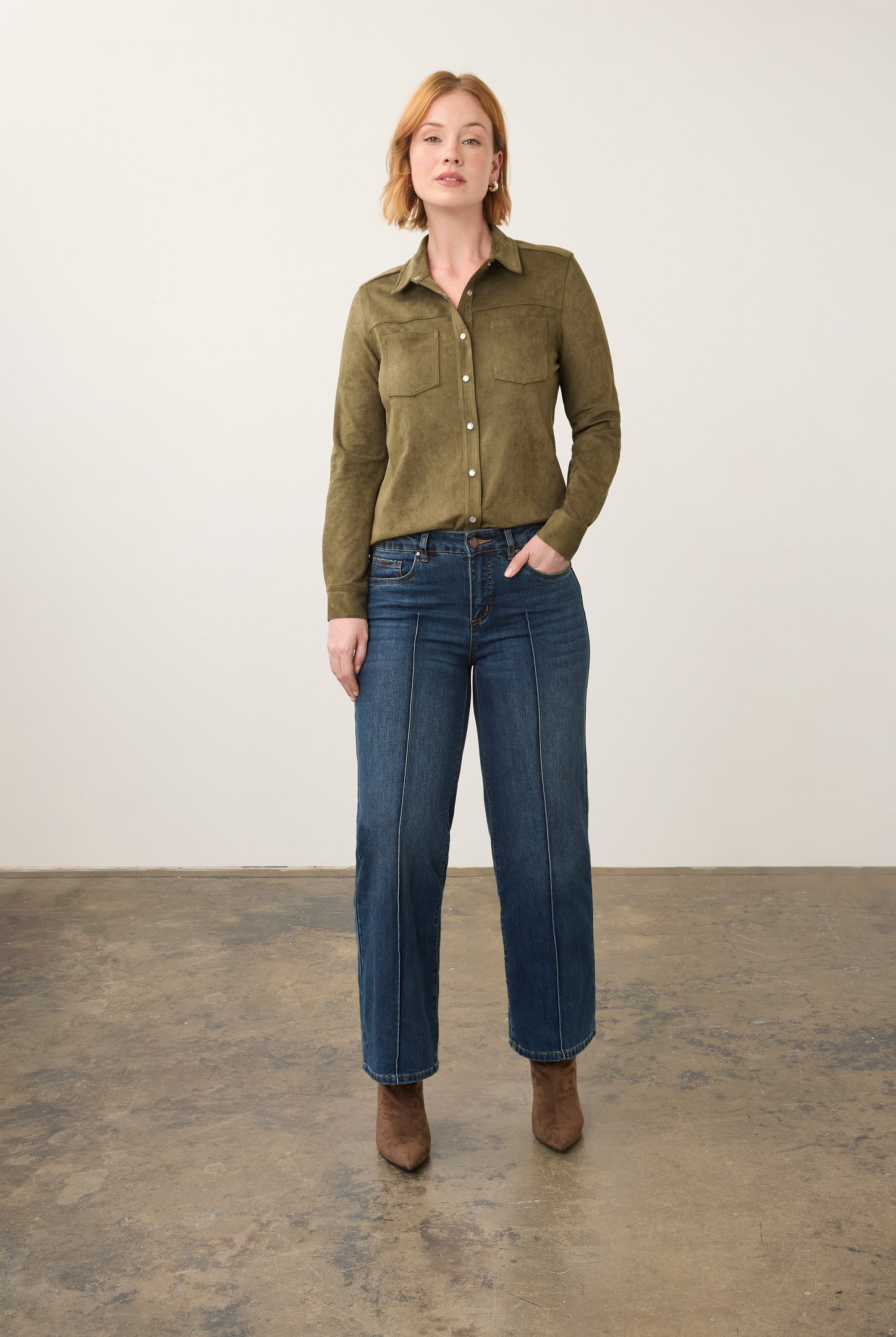 Full view of medium blue wide-leg denim showcasing mid-rise and relaxed fit by French Dressing Jeans (FDJ)
