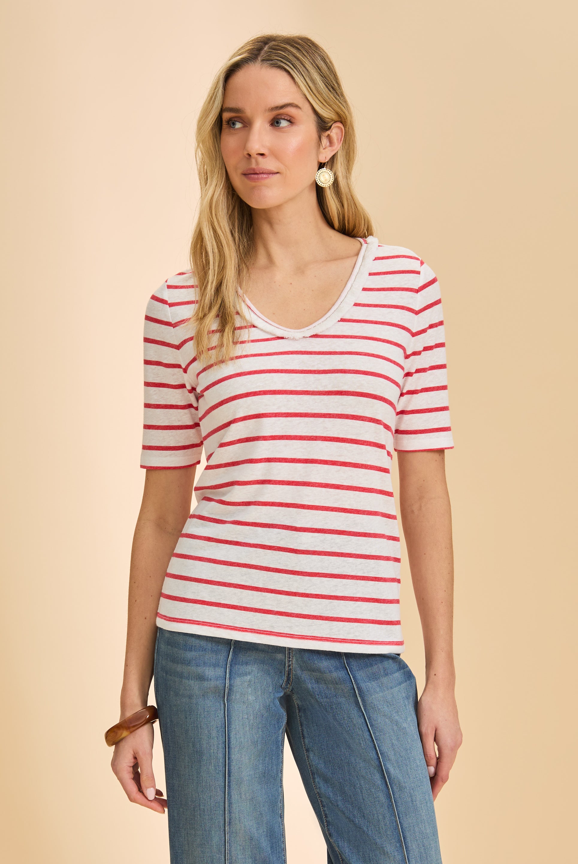 Front view of red striped V-neck short sleeve top with bright, casual look by French Dressing Jeans (FDJ)