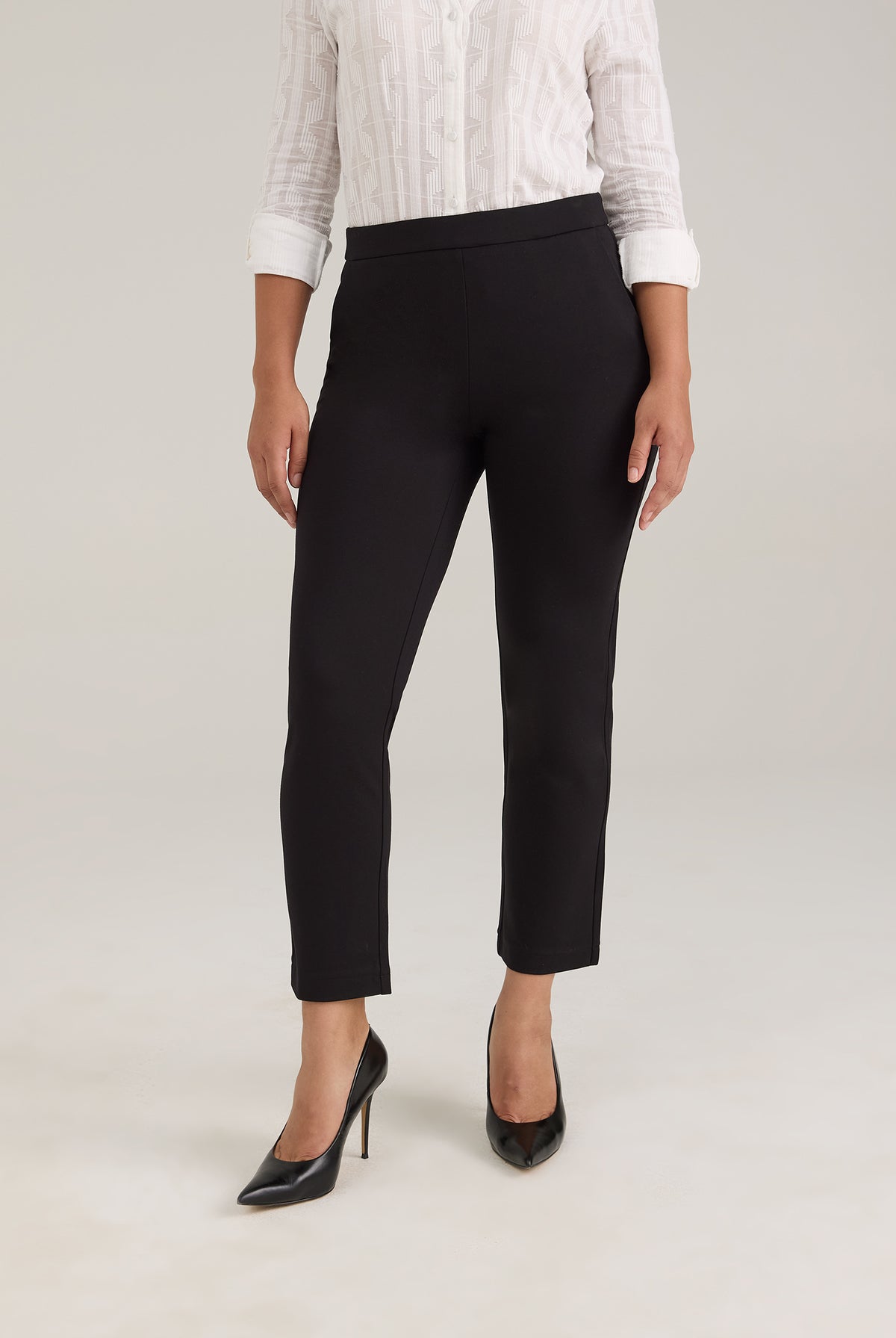 Front view of black Ponte pull-on straight ankle pants showing mid-rise design by French Dressing Jeans (FDJ)