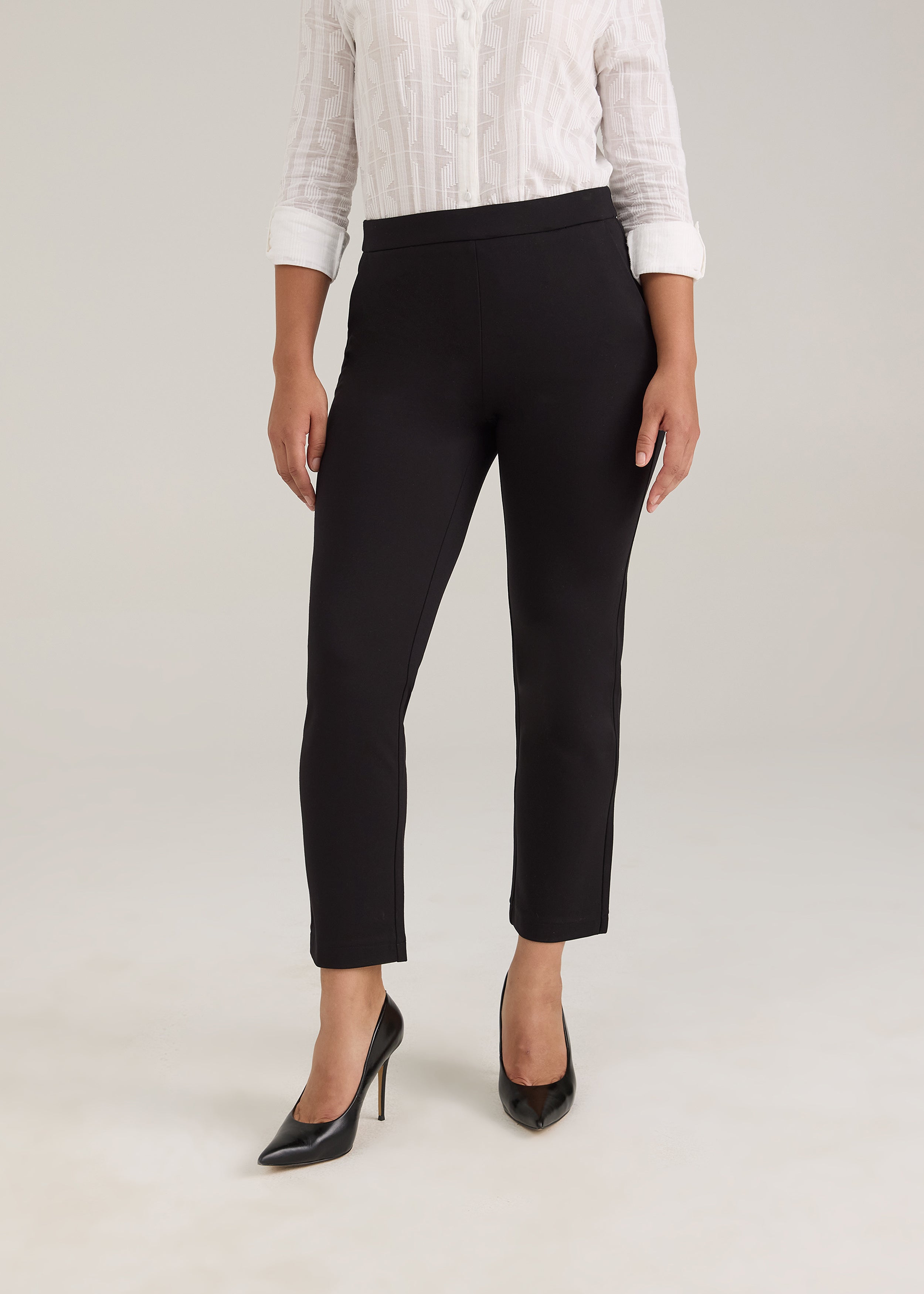 Front view of black Ponte pull-on straight ankle pants showing mid-rise design by French Dressing Jeans (FDJ)