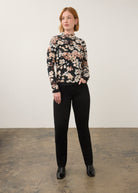 Full body shot of black straight ankle denim styled with floral blouse by French Dressing Jeans (FDJ) par French Dressing Jeans (FDJ)