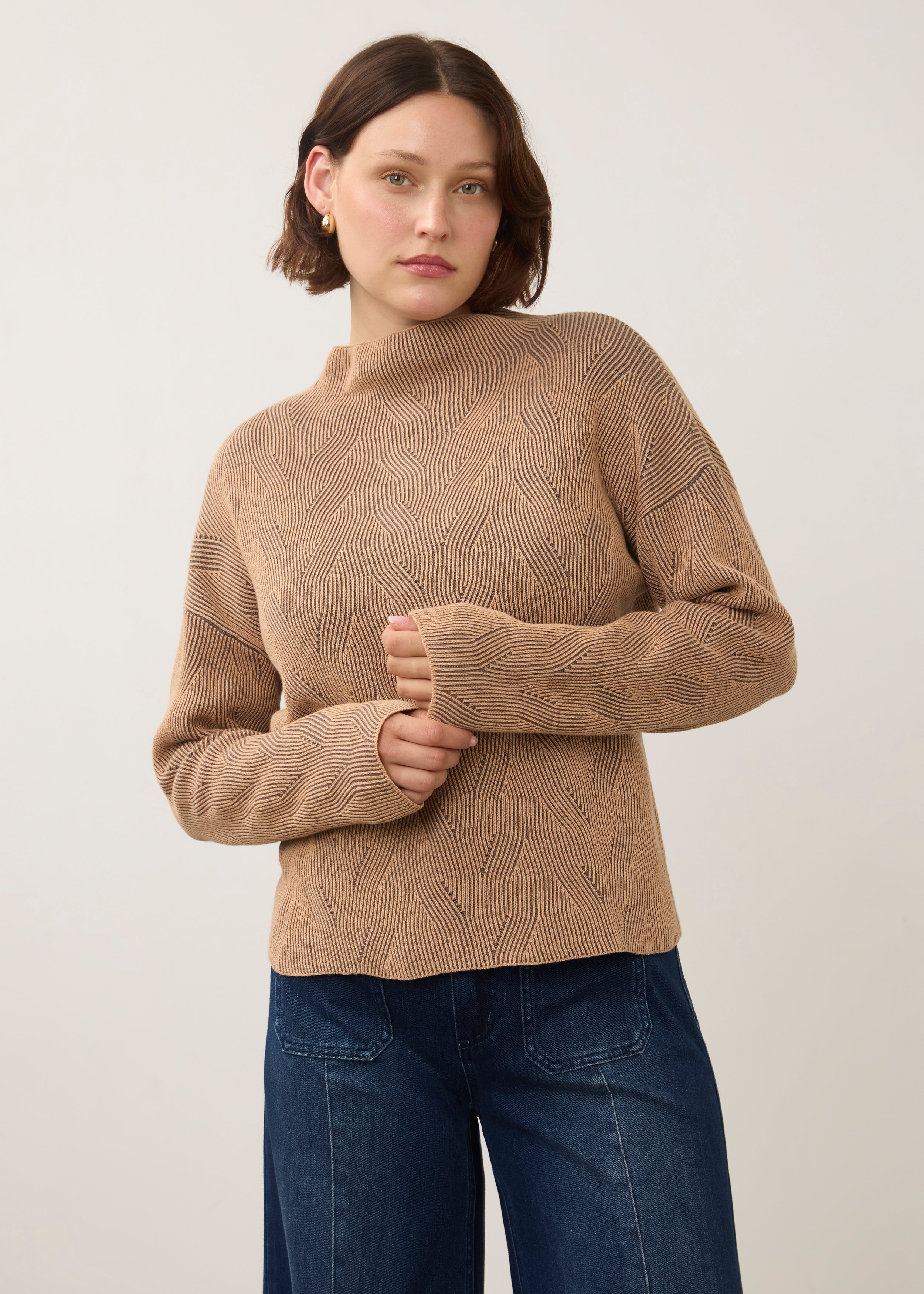 Front view of tan long sleeve top with patterned texture by French Dressing Jeans (FDJ)