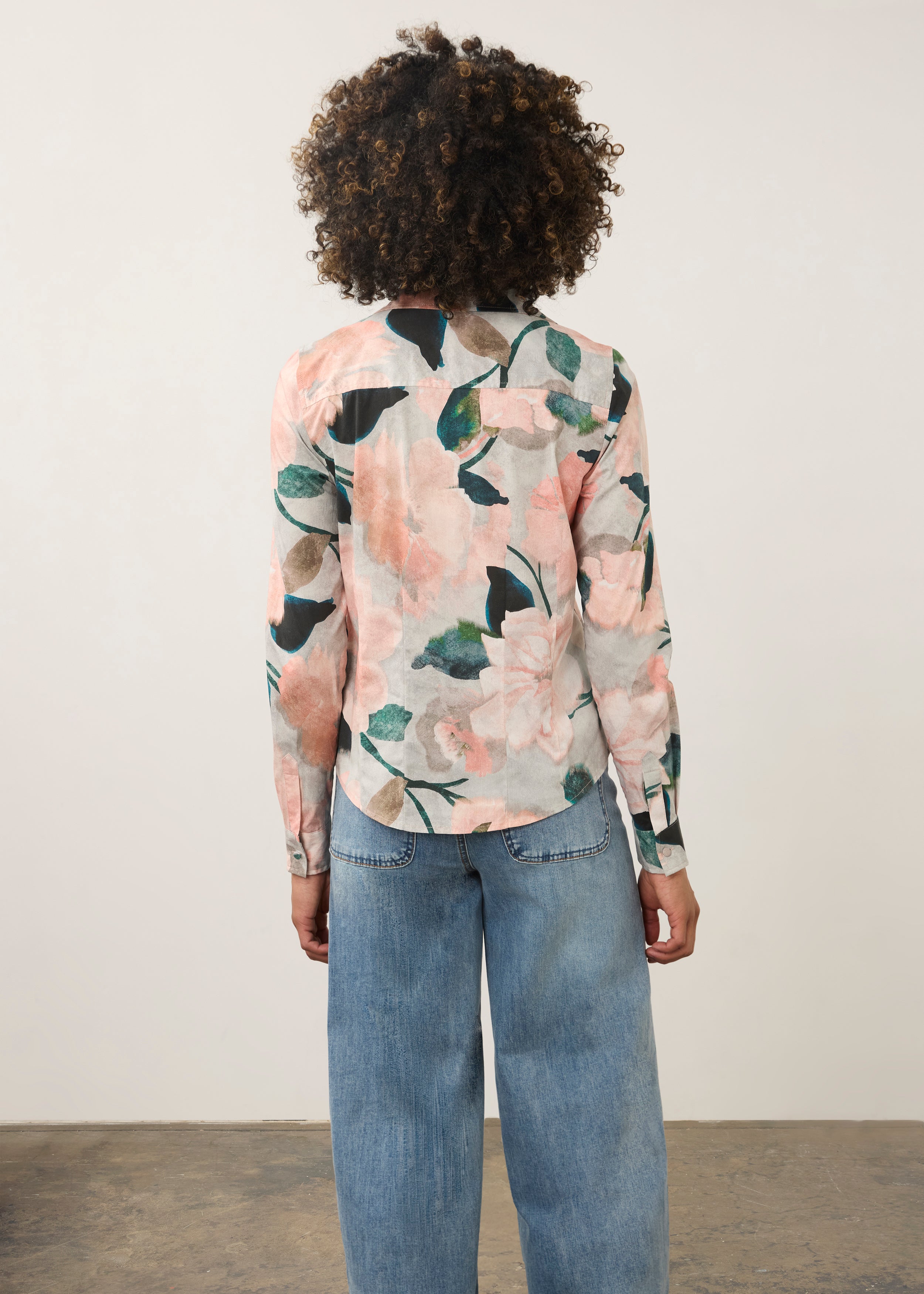 Back view of pink floral printed shirt highlighting vibrant print by French Dressing Jeans (FDJ)