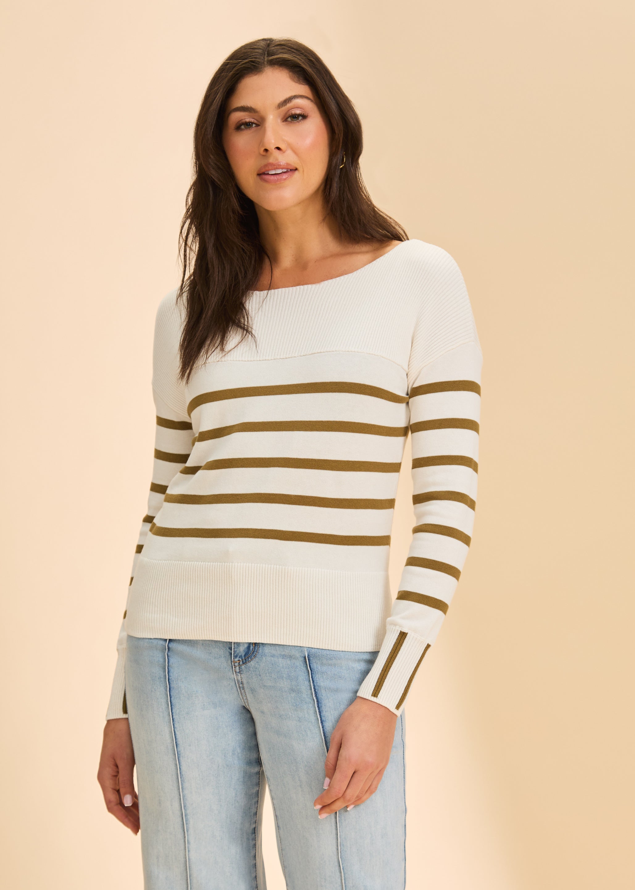 Front view of white/green stripe sweater featuring boat neck and long sleeves by French Dressing Jeans (FDJ)
