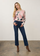 Full outfit view of dark rinse straight-leg jeans styled with floral top by French Dressing Jeans (FDJ)