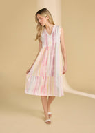 Front view of sleeveless striped dress with V-neck and tiered skirt by French Dressing Jeans (FDJ)