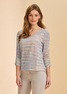 Front view of pastel multicolor V-neck sweater with three-quarter sleeves by French Dressing Jeans (FDJ)