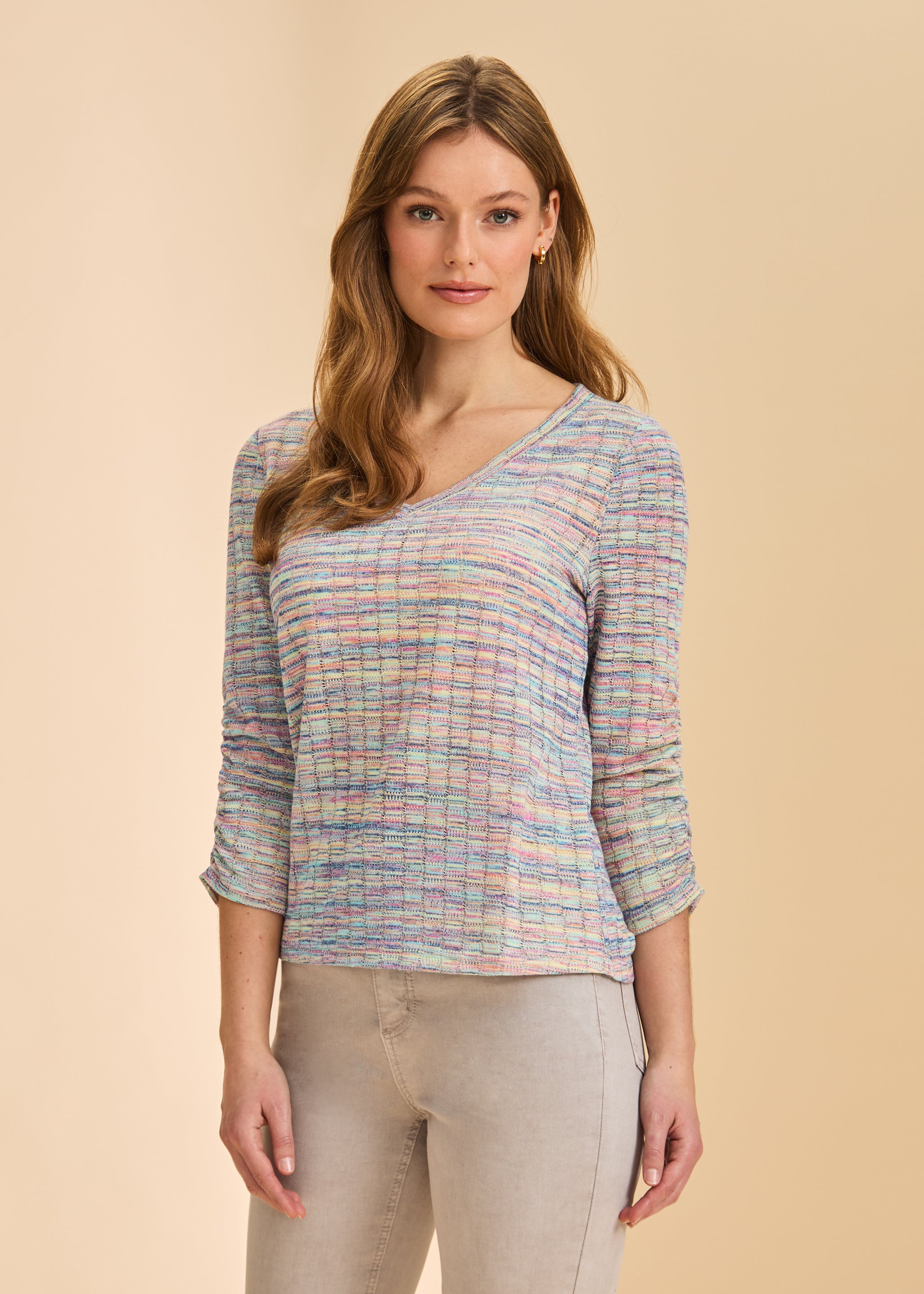Front view of pastel multicolor V-neck sweater with three-quarter sleeves by French Dressing Jeans (FDJ)