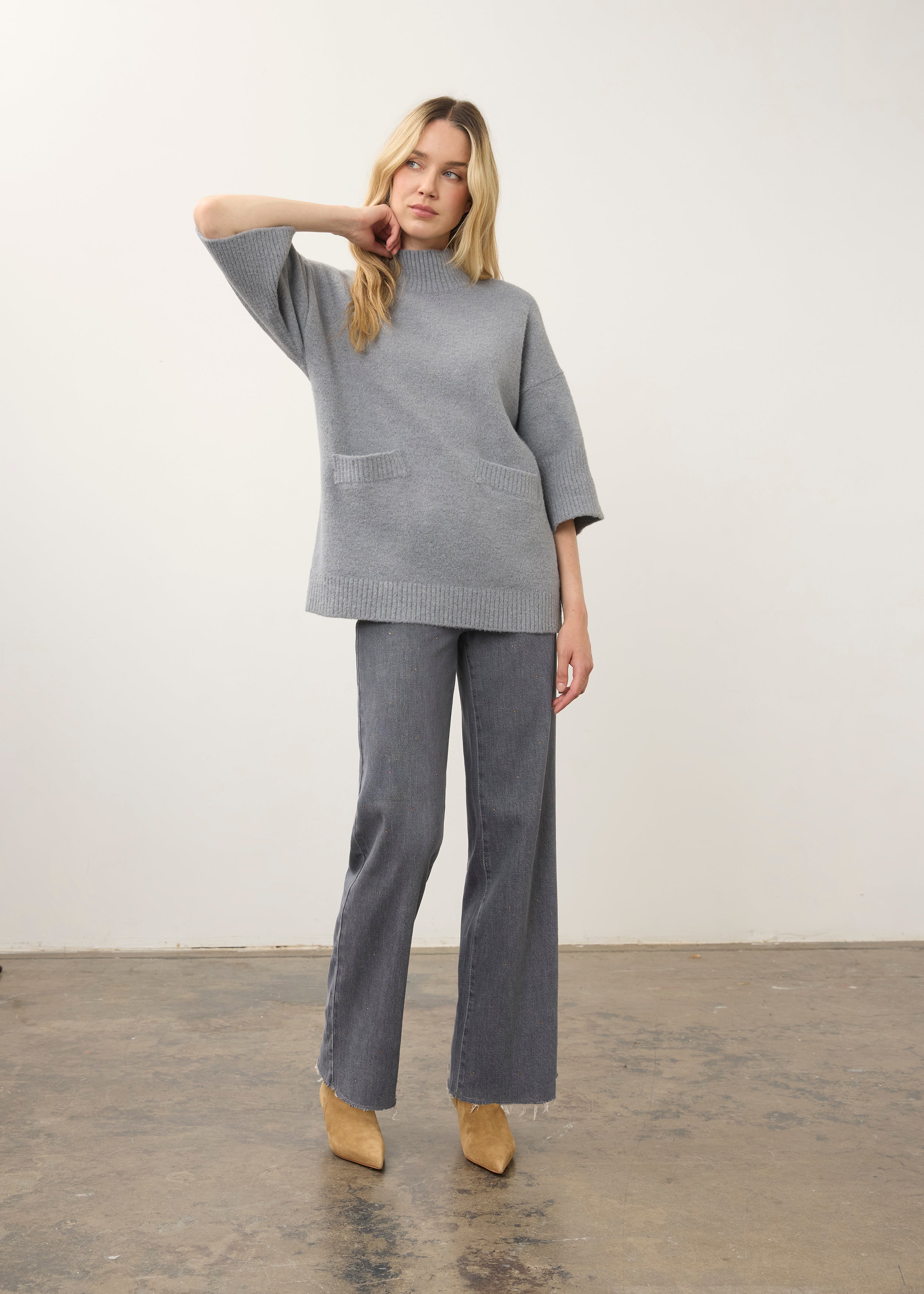 Full view of grey tunic sweater with matching pants by French Dressing Jeans (FDJ)