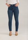 Front view of dark wash slim leg jeans with high-rise waist by French Dressing Jeans (FDJ)