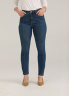 Front view of dark wash slim leg jeans with high-rise waist by French Dressing Jeans (FDJ)