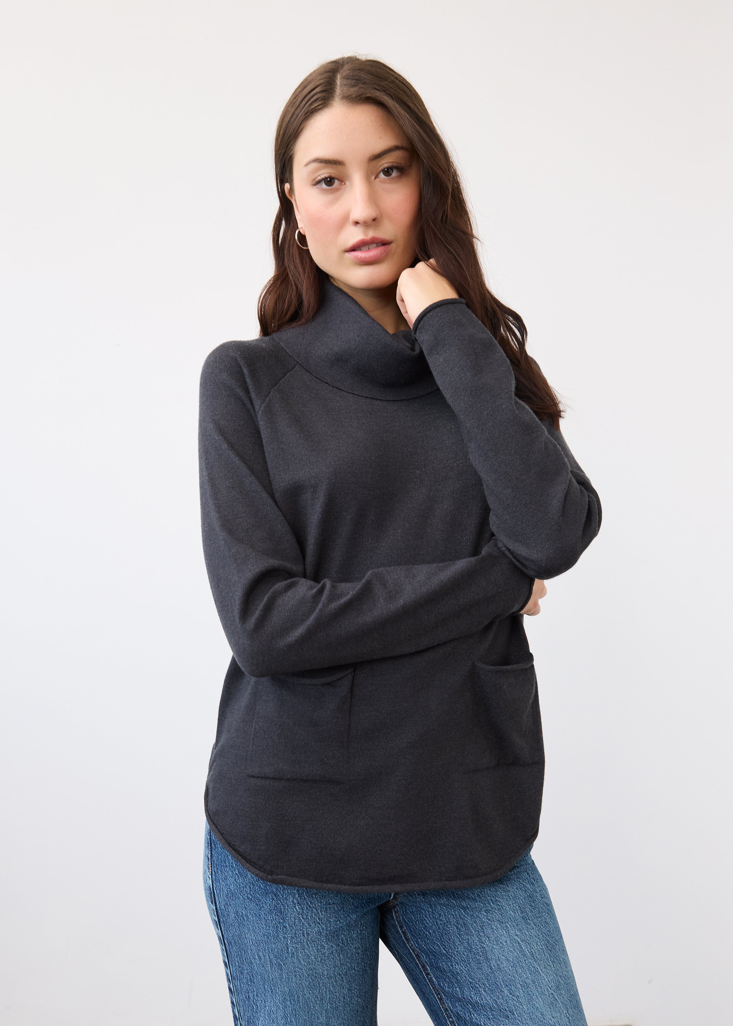 Front view of charcoal sweater with cowl neck and front pockets by French Dressing Jeans (FDJ)