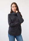 Front view of charcoal sweater with cowl neck and front pockets by French Dressing Jeans (FDJ)