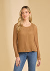 Front view of tan mesh long sleeve top with scoop neck paired with jeans by French Dressing Jeans (FDJ)