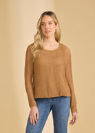 Front view of tan mesh long sleeve top with scoop neck paired with jeans by French Dressing Jeans (FDJ)