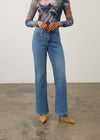 Front view of medium wash denim pants showing high-rise waist and bootcut style by French Dressing Jeans (FDJ) par French Dressing Jeans (FDJ)