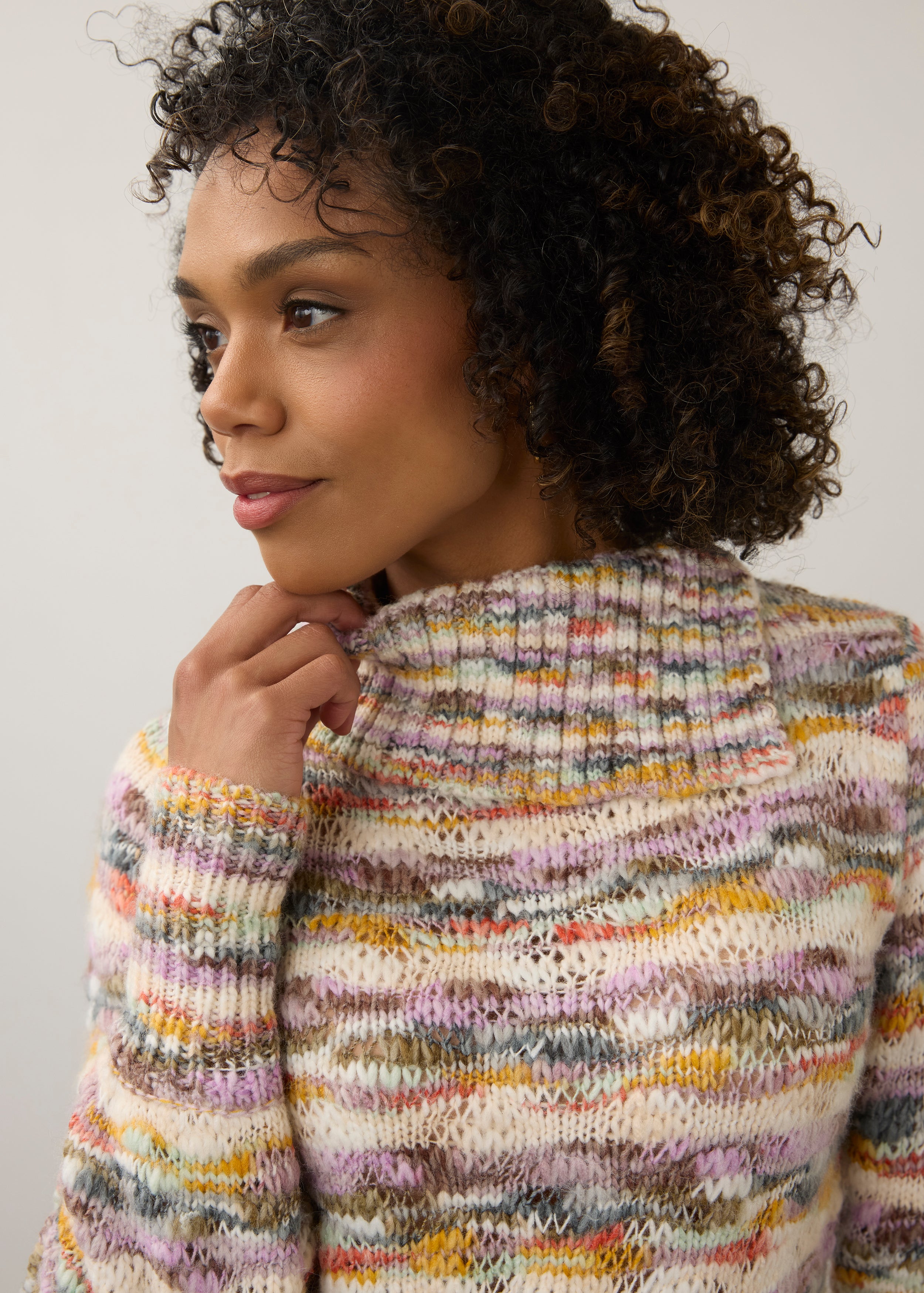 Close-up of pastel cowl neck sweater highlighting the ribbed neckline by French Dressing Jeans (FDJ)