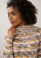 Close-up of pastel cowl neck sweater highlighting the ribbed neckline by French Dressing Jeans (FDJ)
