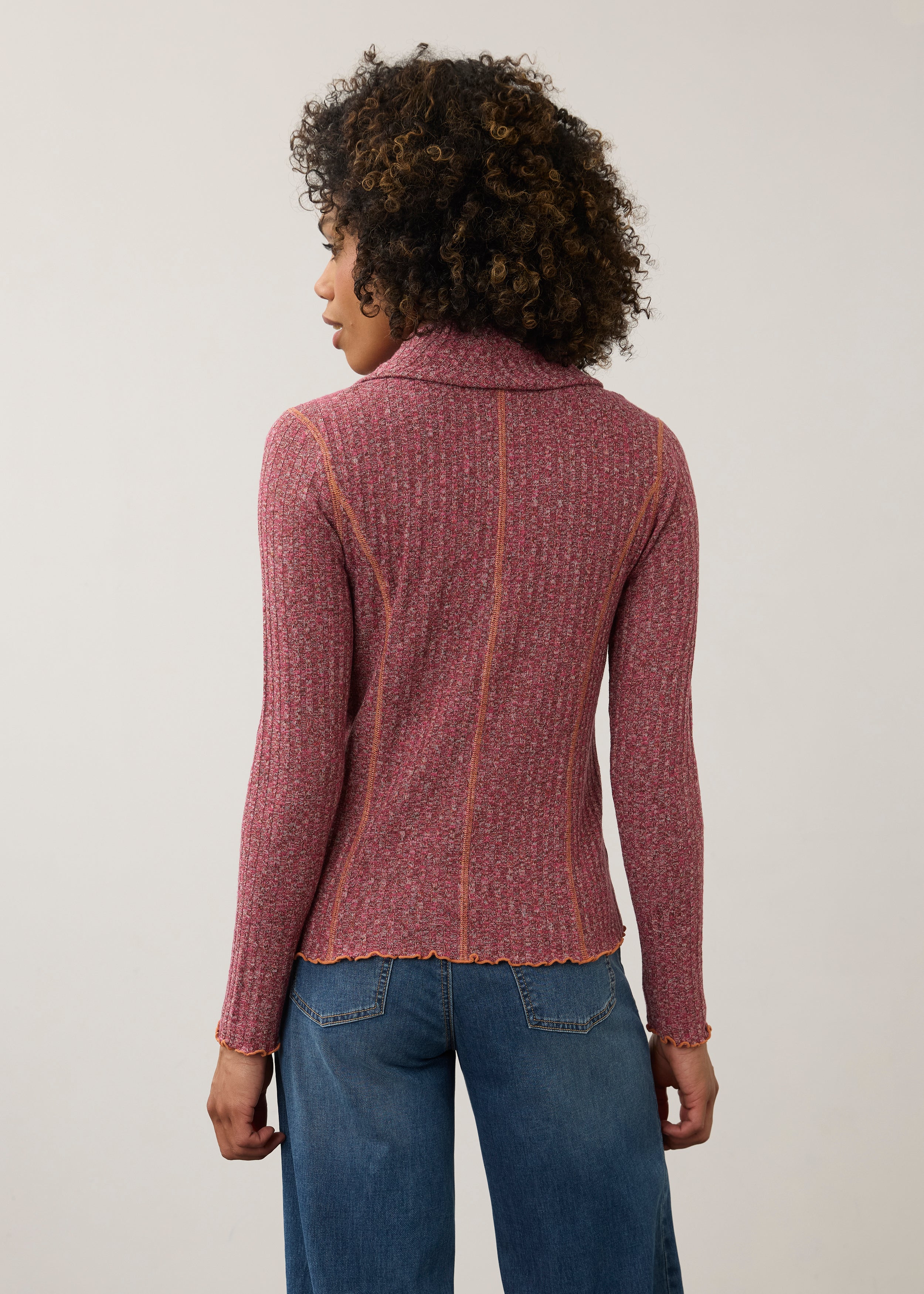 Back view of pink cowl neck top showcasing ribbed texture by French Dressing Jeans (FDJ)