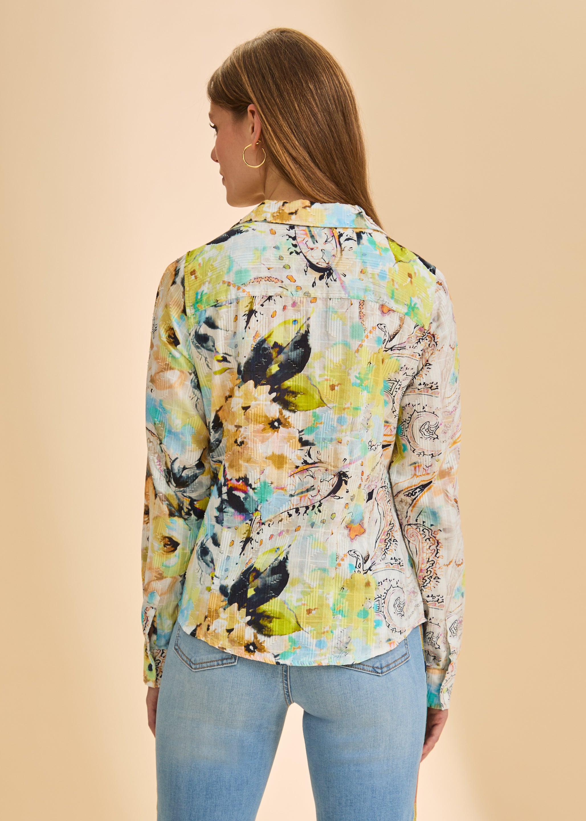 Back view of abstract floral shirt featuring colorful pattern by French Dressing Jeans (FDJ)