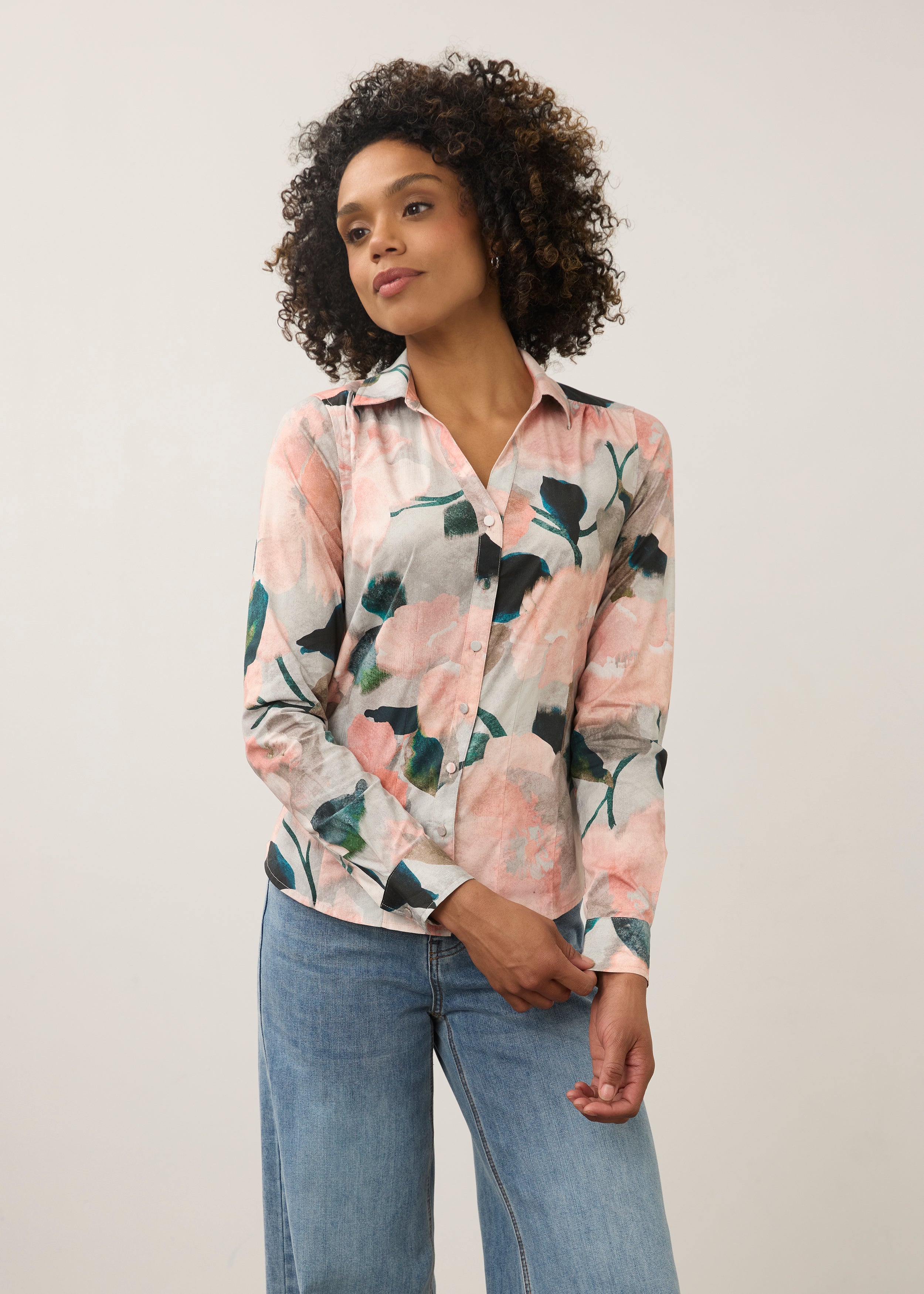 Front view of pink floral printed shirt with button front by French Dressing Jeans (FDJ)