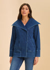 Front view of blue denim jacket with draped collar and welt pockets by French Dressing Jeans (FDJ)