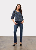 Full view of floral lace blouse styled with jeans for an elegant look by French Dressing Jeans (FDJ)