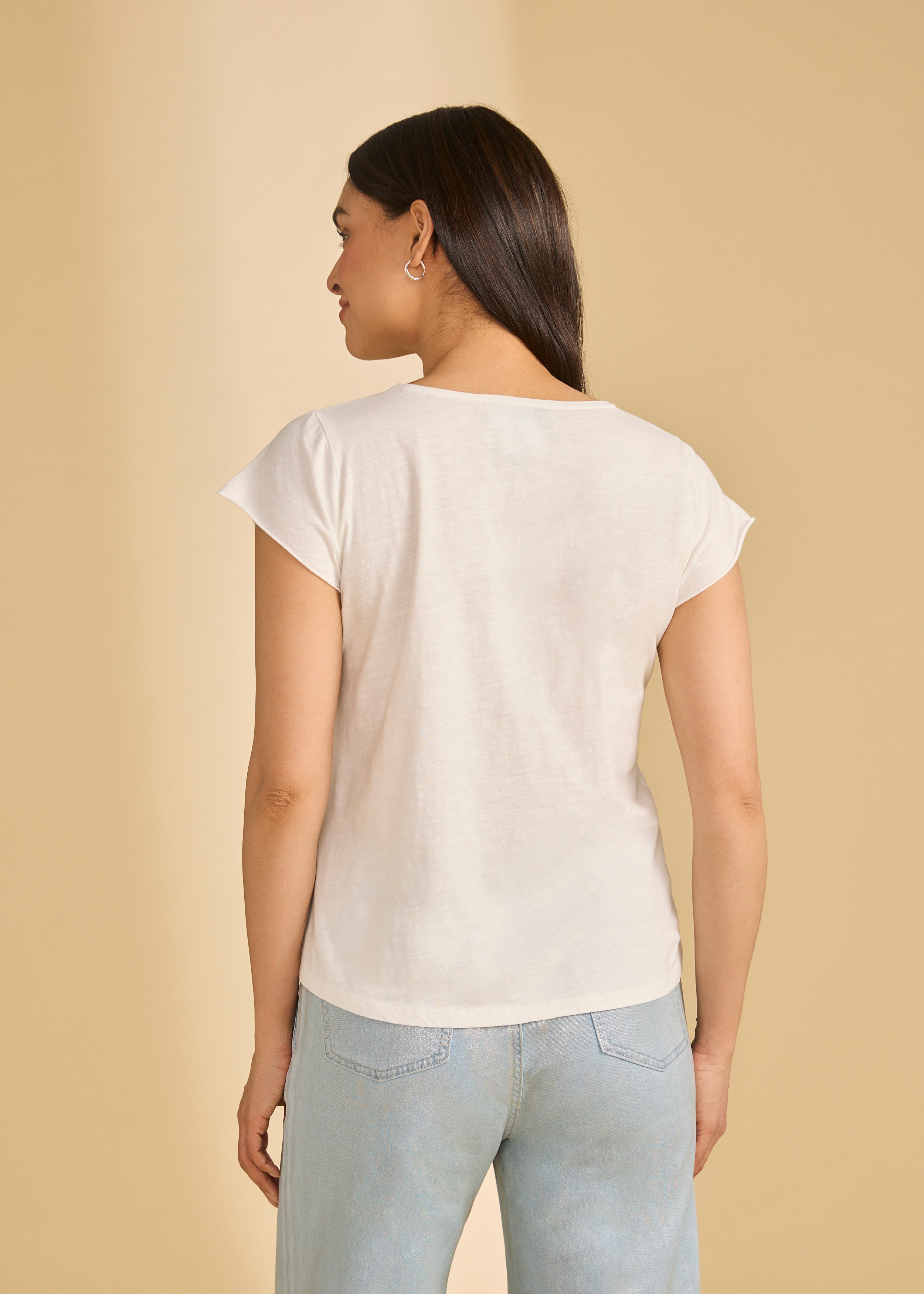 Back view of Rainbow Hibiscus top showing plain design and relaxed fit by French Dressing Jeans (FDJ)