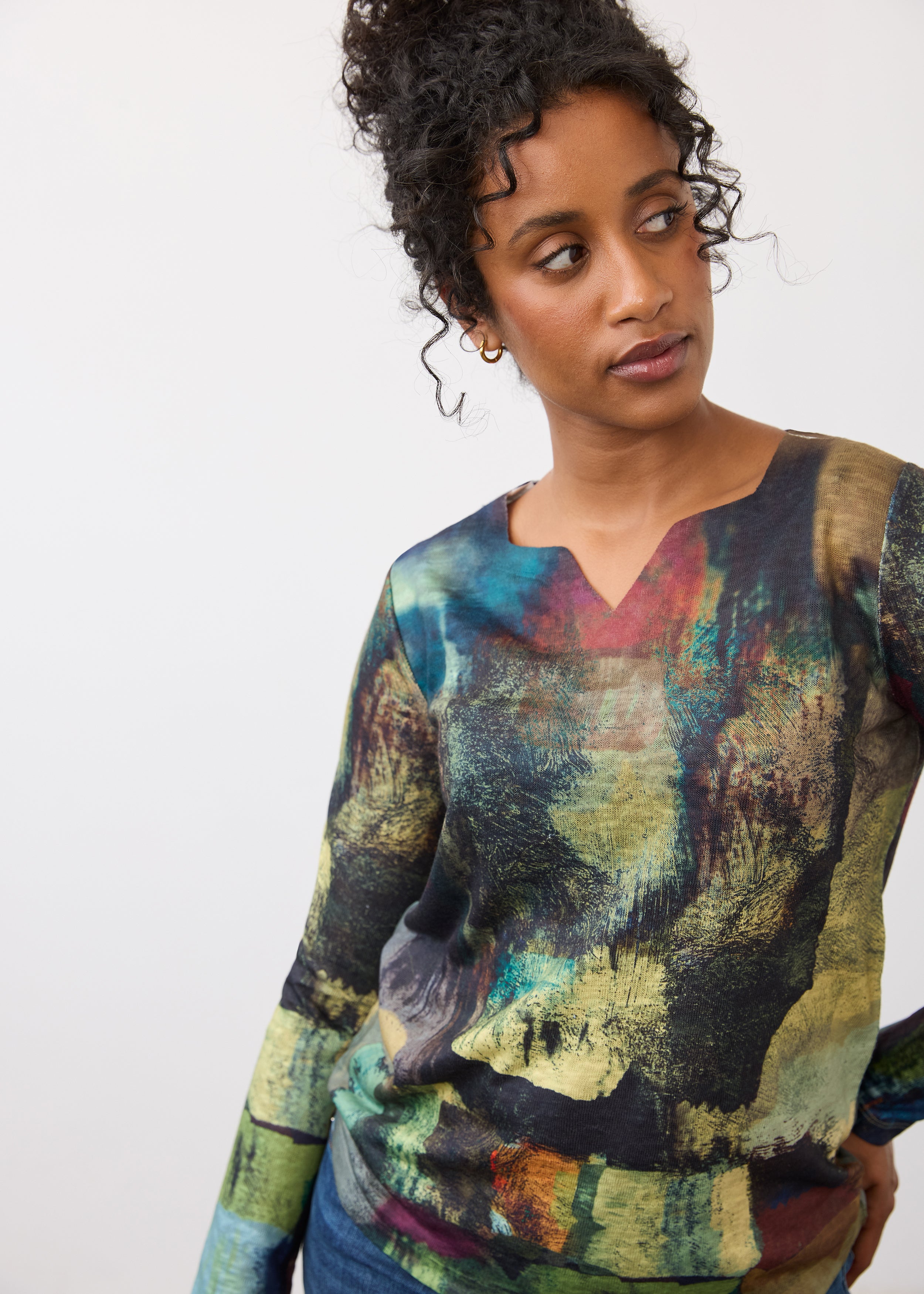 Close-up of multicolor long sleeve top highlighting abstract print and neckline by French Dressing Jeans (FDJ)