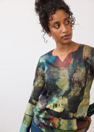 Close-up of multicolor long sleeve top highlighting abstract print and neckline by French Dressing Jeans (FDJ)