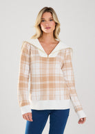 LONG SLEEVE PLAID HALF ZIP SWEATER