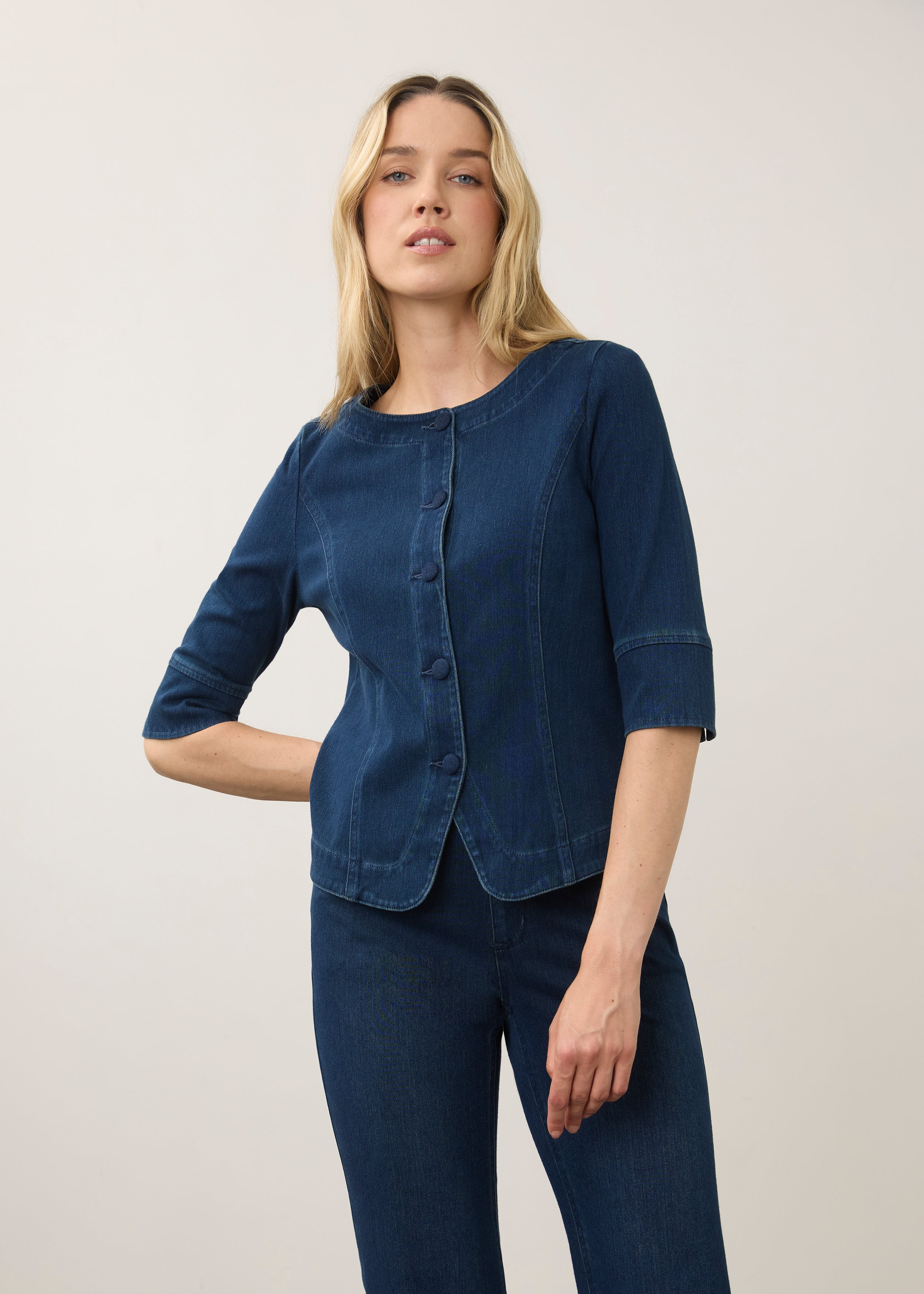 Dark rinse button-up top with elbow-length sleeves styled with denim jeans by French Dressing Jeans (FDJ)