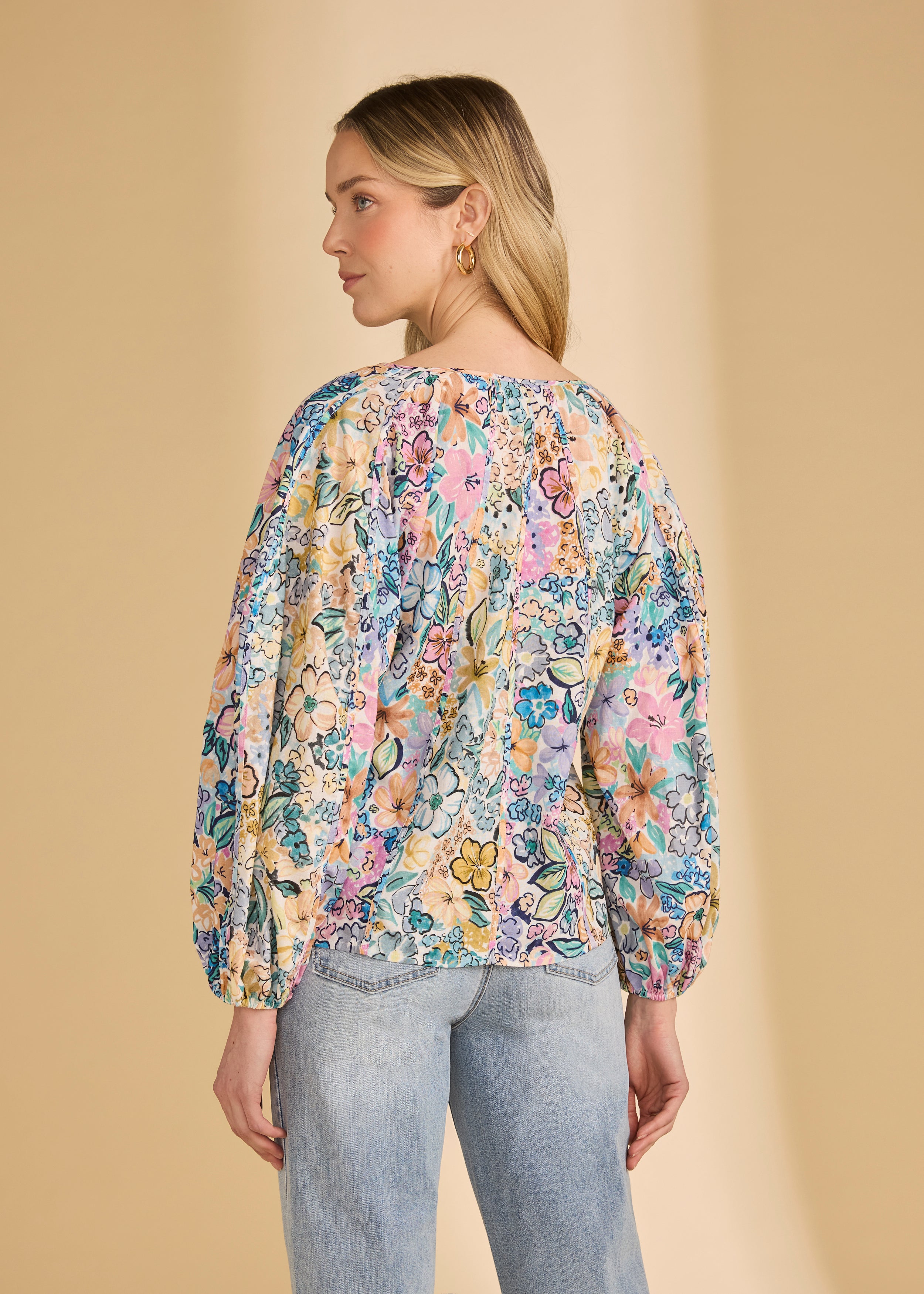 Back view of Ambush Floral blouse displaying floral pattern and gathered yoke by French Dressing Jeans (FDJ)