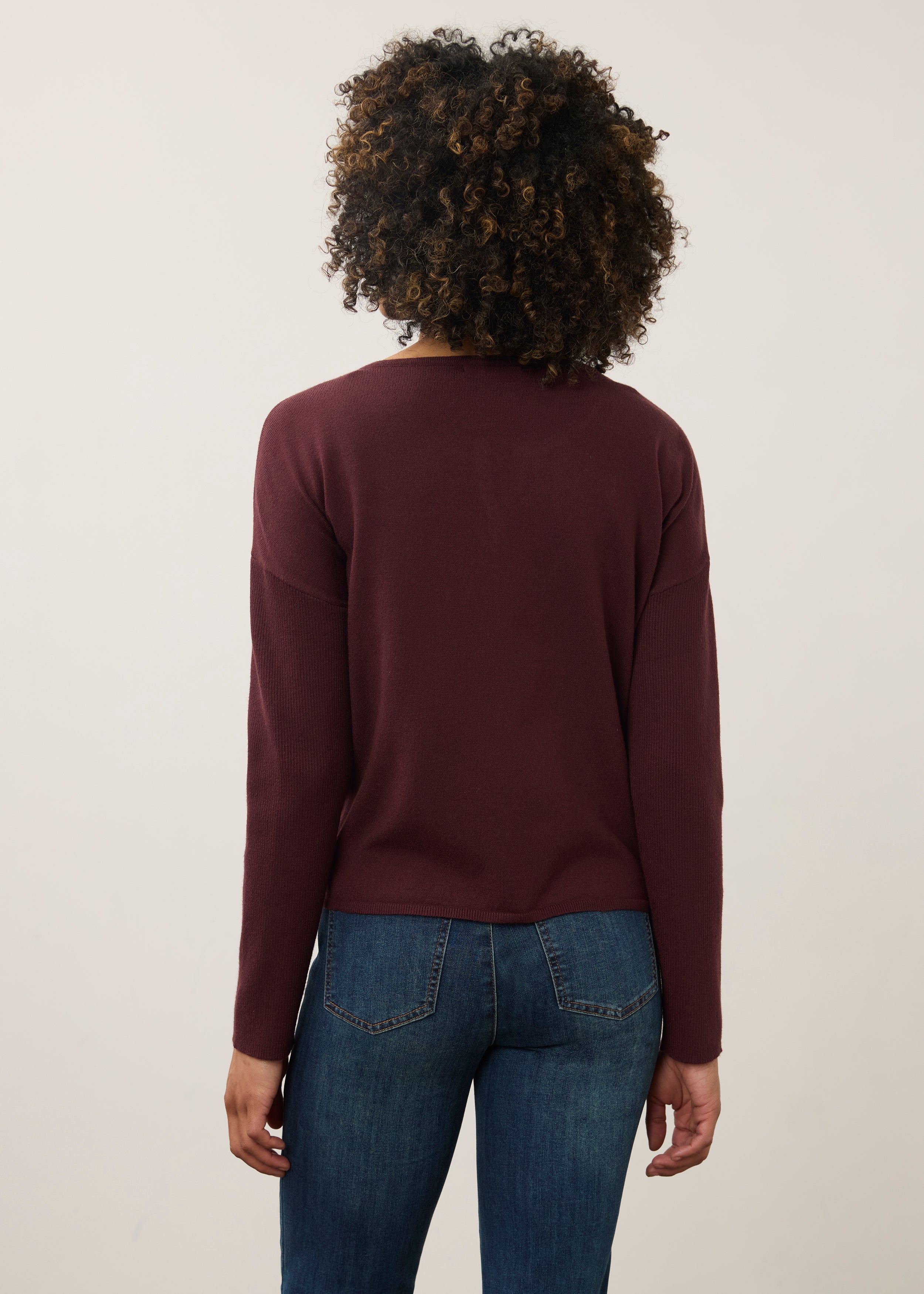 Back view of burgundy sweater showcasing smooth knit design by French Dressing Jeans (FDJ)