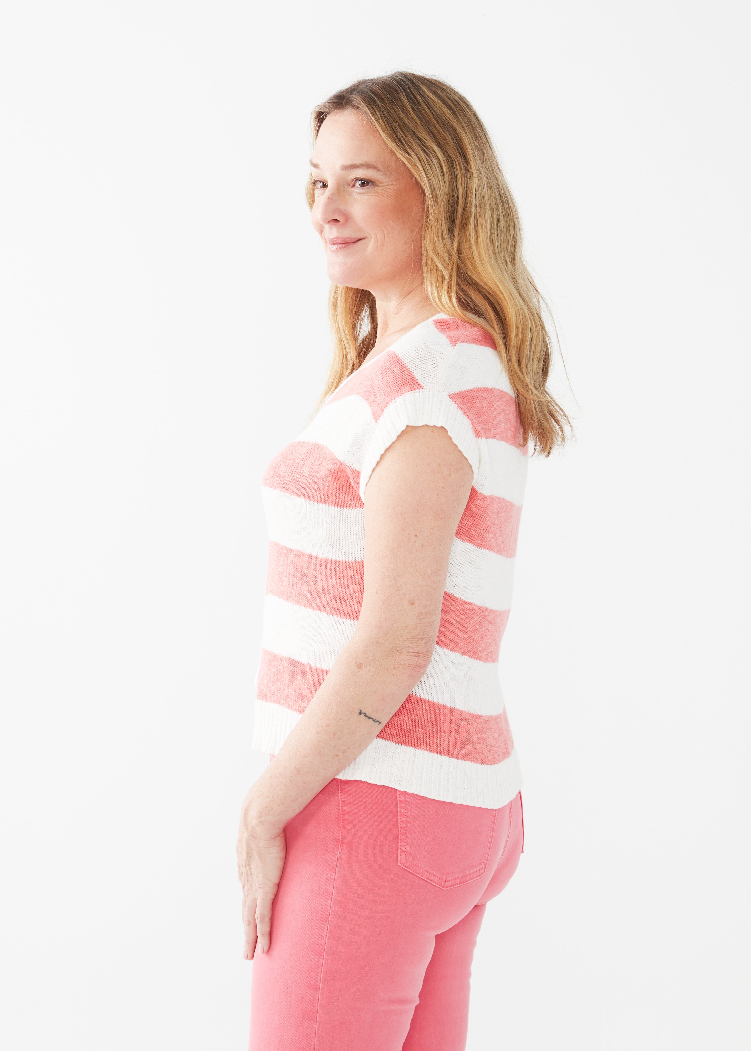 SHORT SLEEVE STRIPE SWEATER