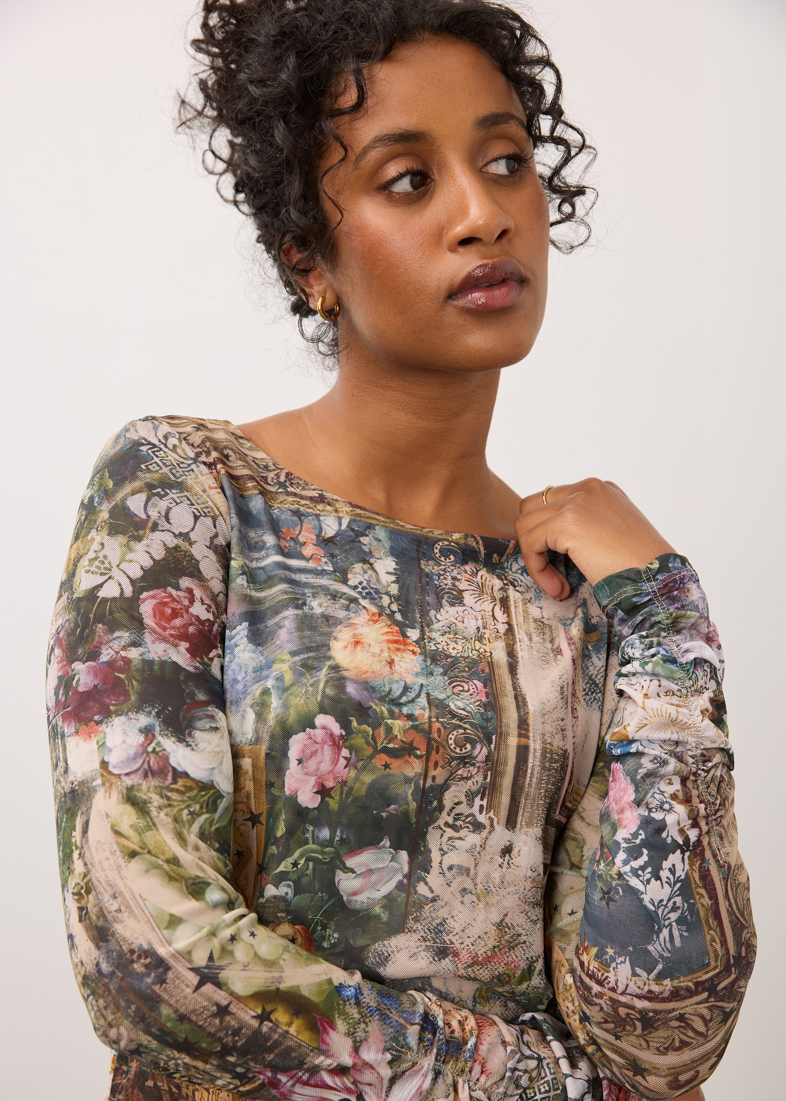 Close-up of floral print top showcasing intricate pattern and colors by French Dressing Jeans (FDJ)