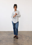 Full view of model in Pull-On Straight Leg Denim in Hout, highlighting comfortable fit and straight leg design by French Dressing Jeans (FDJ)