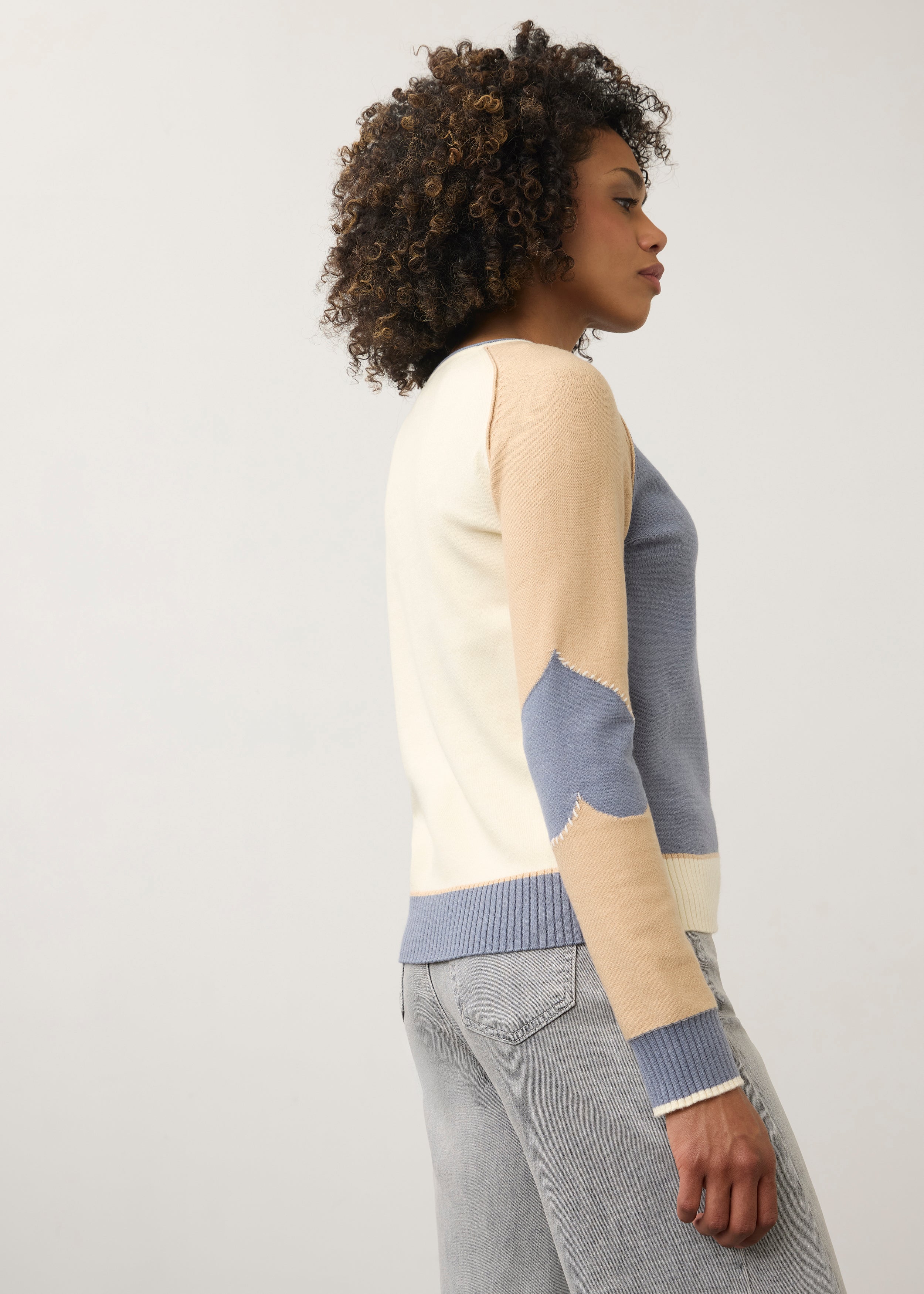 Side view of colorblock sweater highlighting contrasting sleeves by French Dressing Jeans (FDJ)