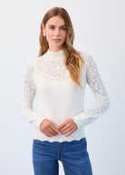 Long sleeve mixed material mock neck sweater