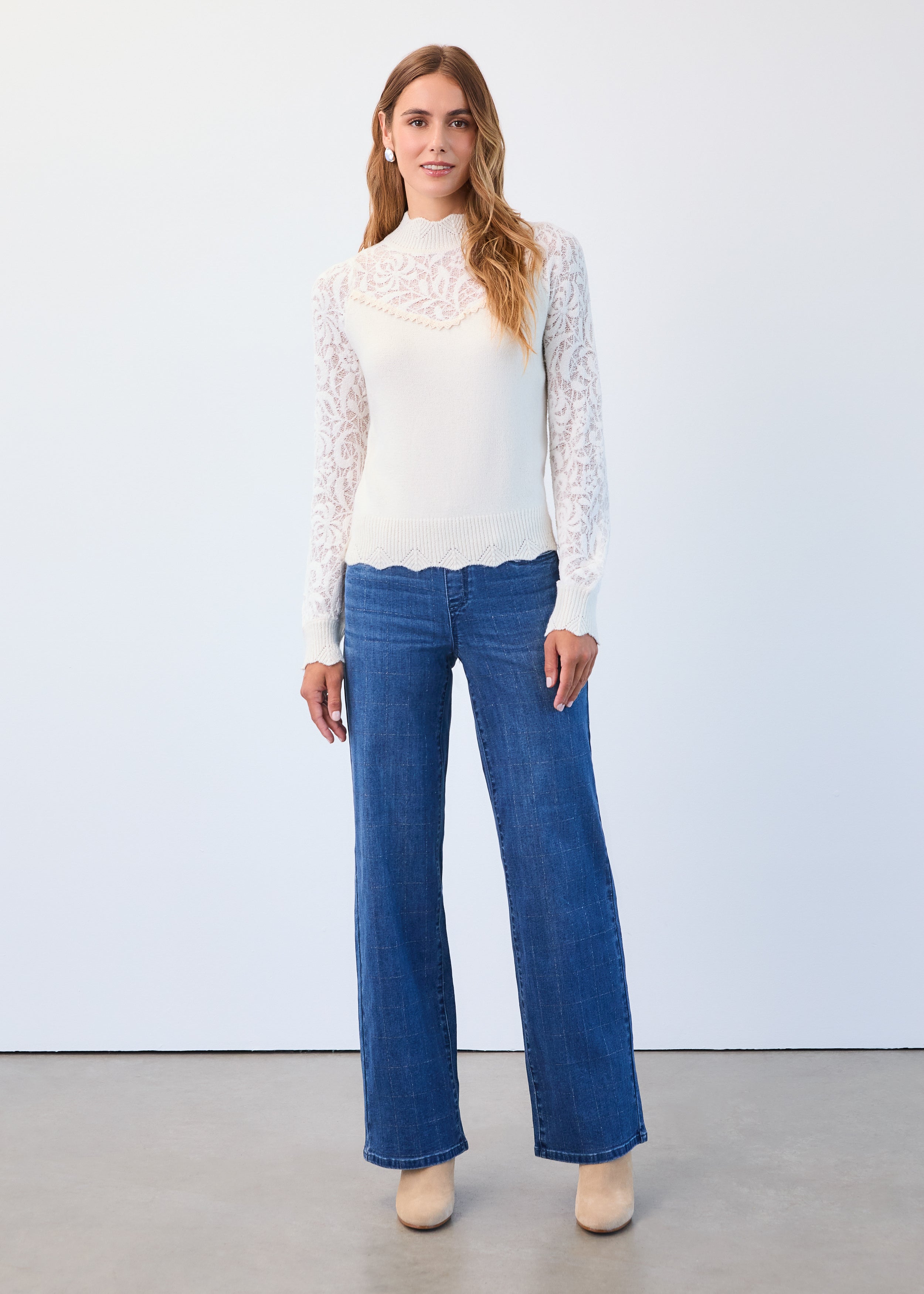 Long sleeve mixed material mock neck sweater