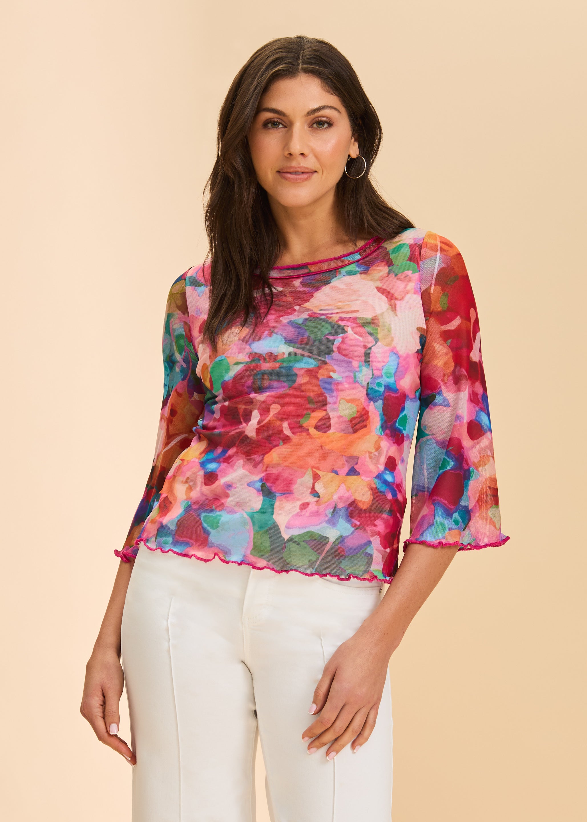 Front view of colorful sheer top with floral print and three-quarter sleeves by French Dressing Jeans (FDJ)