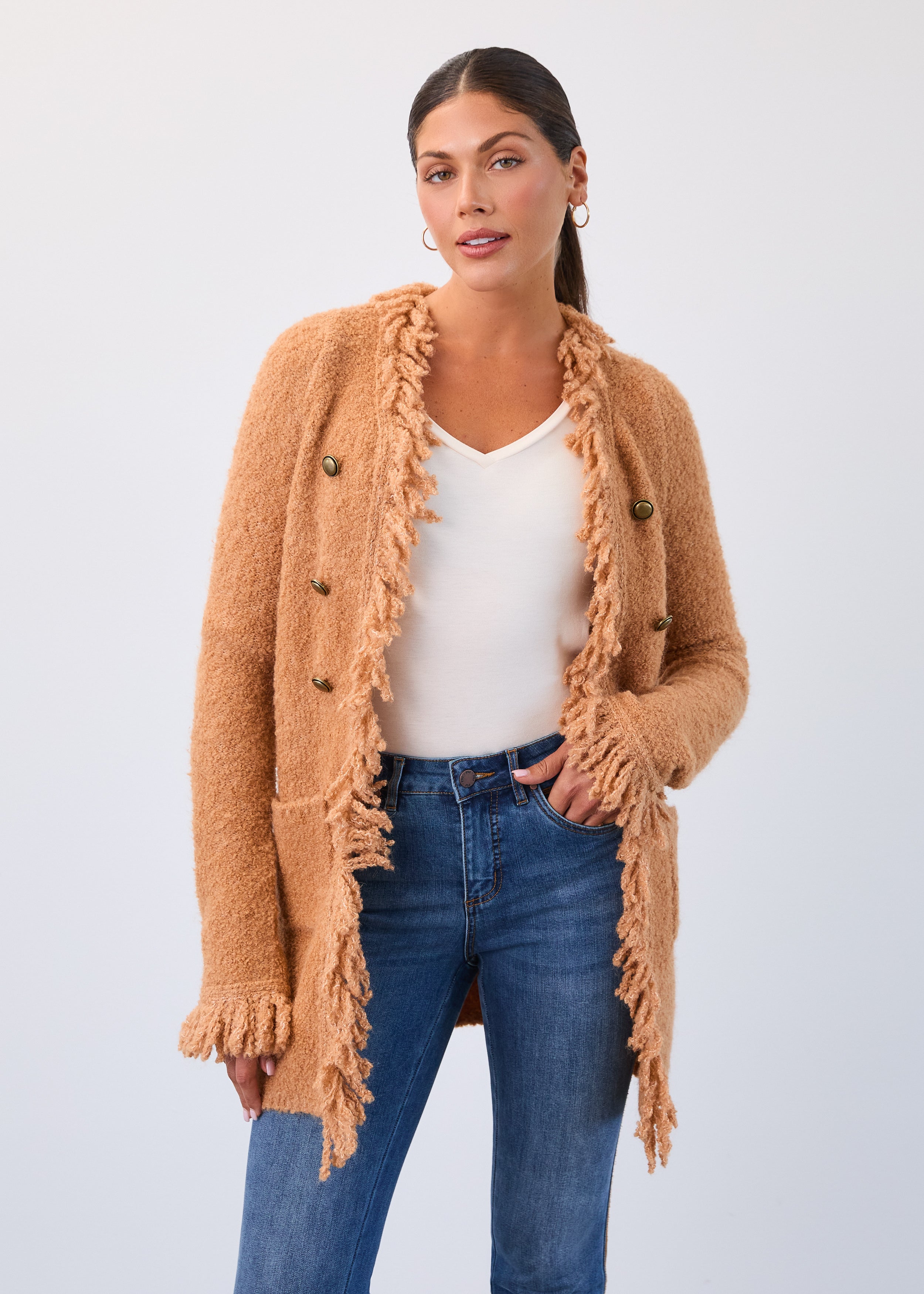 Fringed cardigan coat