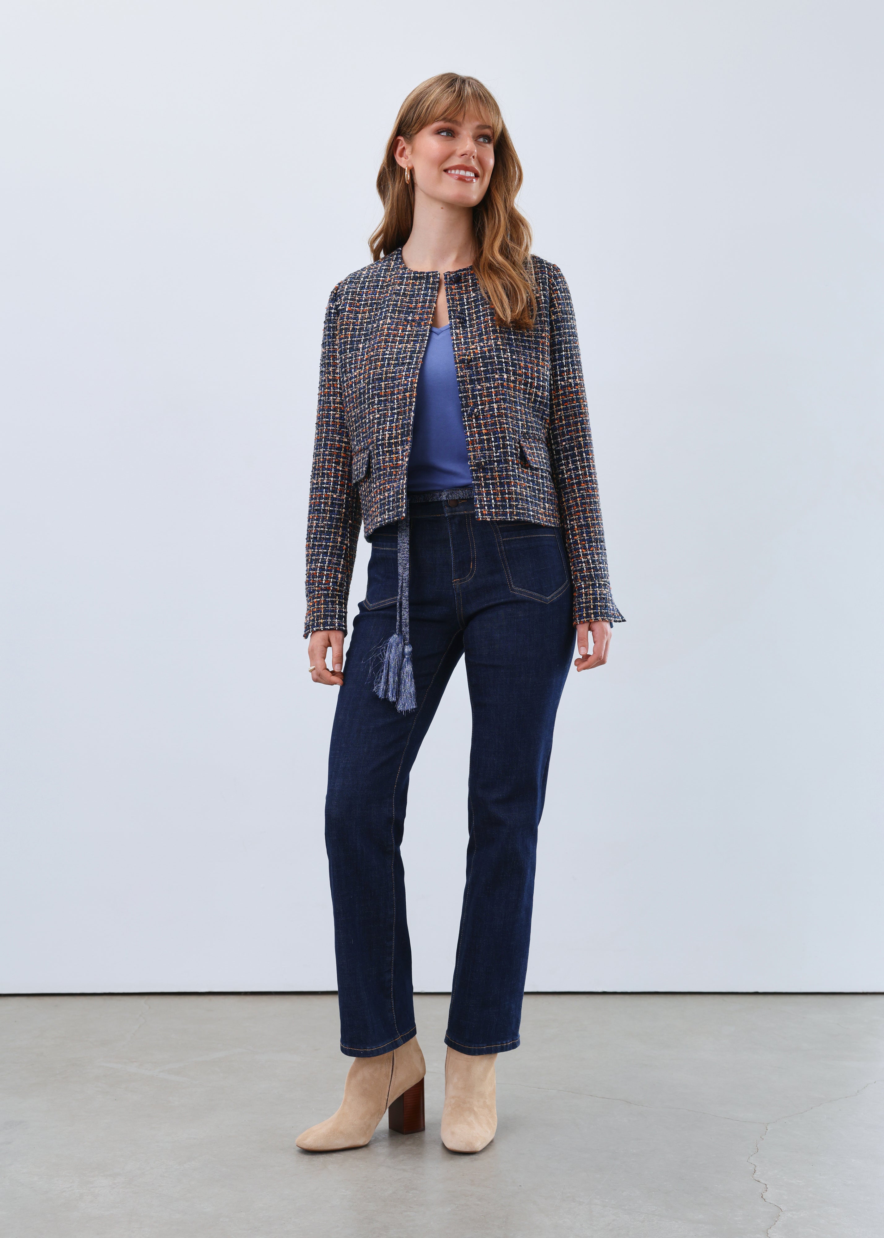 tweed collarless jacket